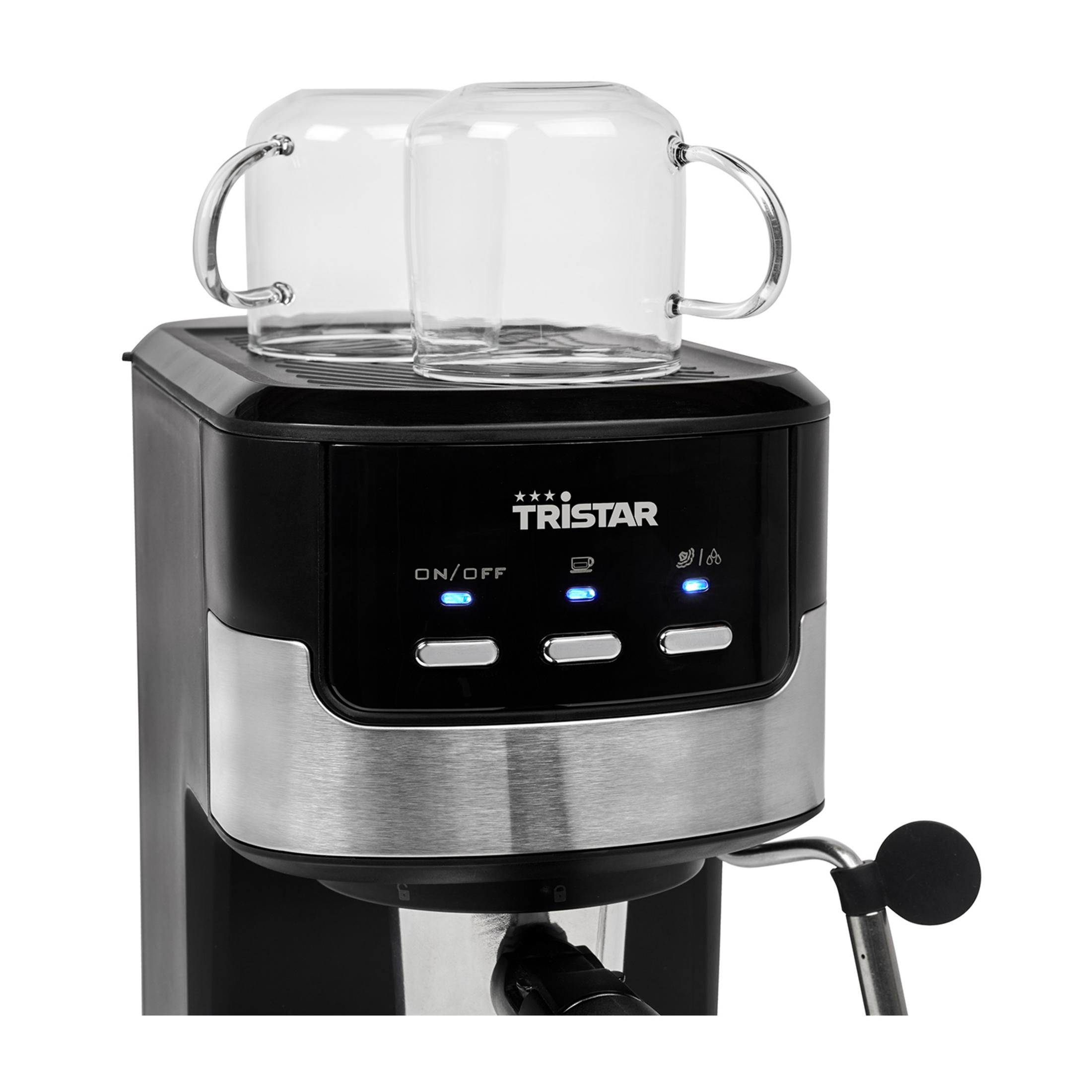 Czarna maszyna do kawy z dwoma szklanymi filiżankami na górze, podświetlanymi przyciskami i stalowymi akcentami.