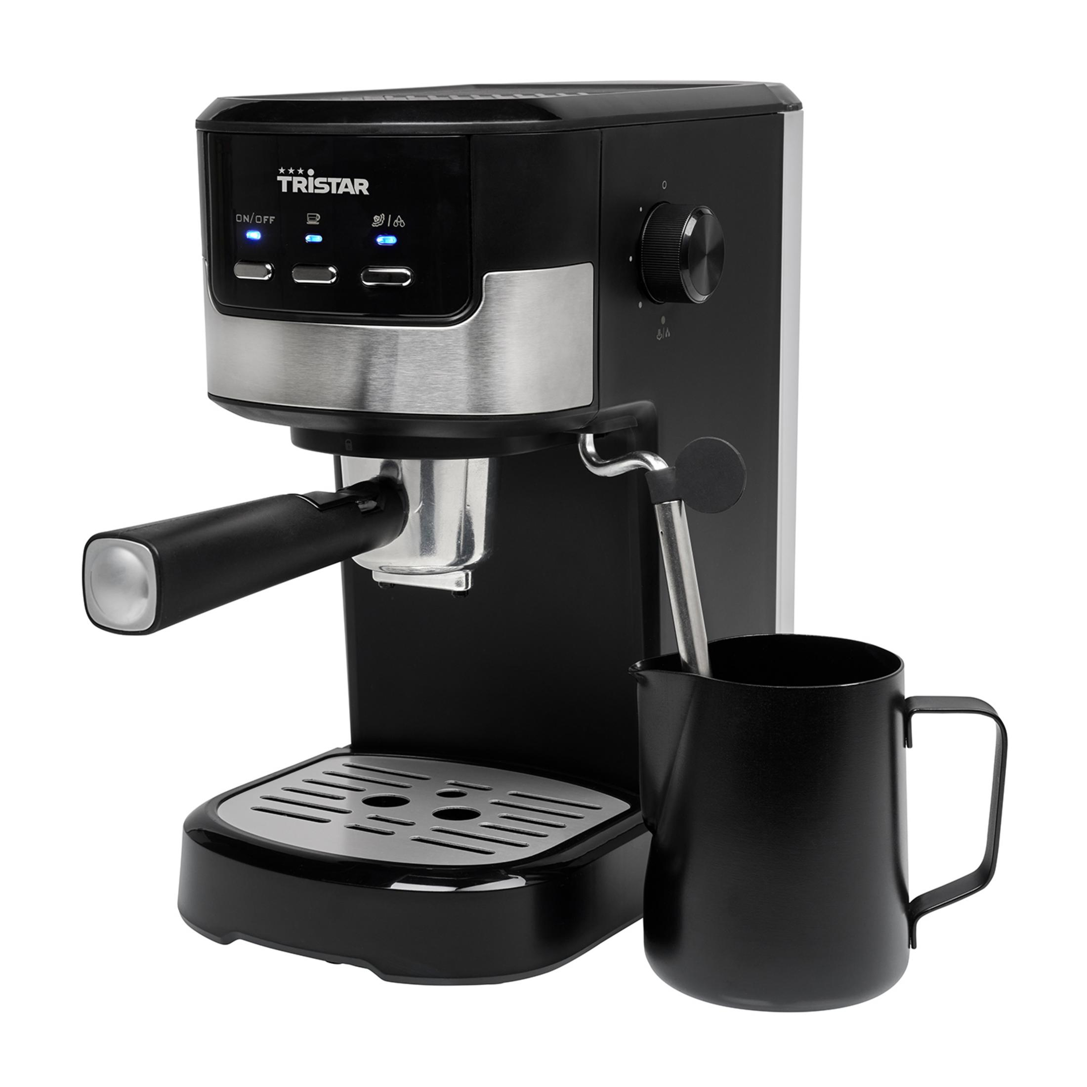 Czarny ekspres do kawy z dzbankiem na mleko i srebrnymi detalami. Podświetlane przyciski.