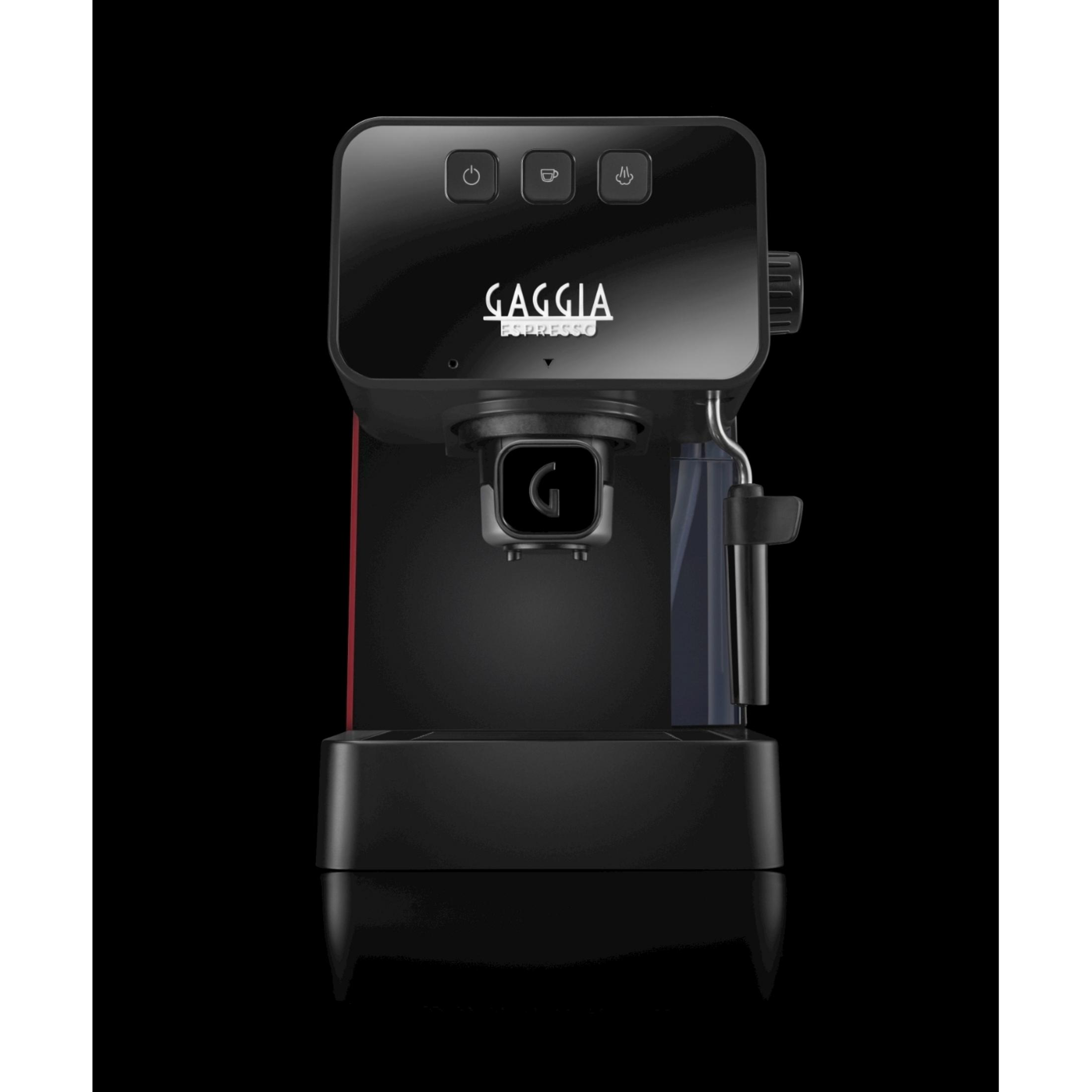 Czarna ekspres do kawy Gaggia ze srebrnymi przyciskami i niebieskim zbiornikiem na wodę.