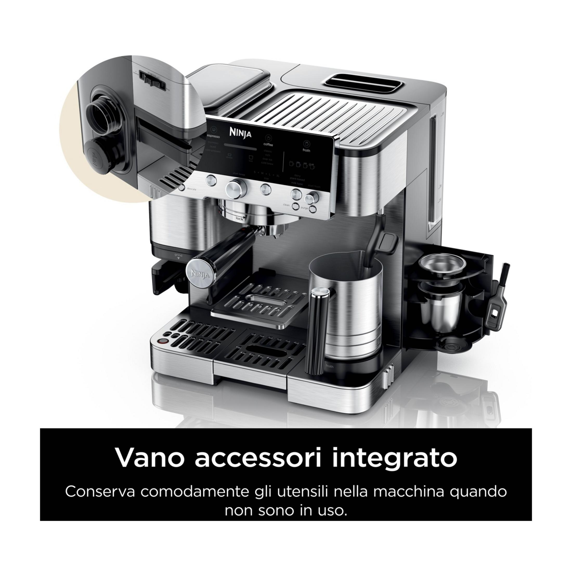 Machine à café avec rangement d'accessoires intégré et pichet à lait.