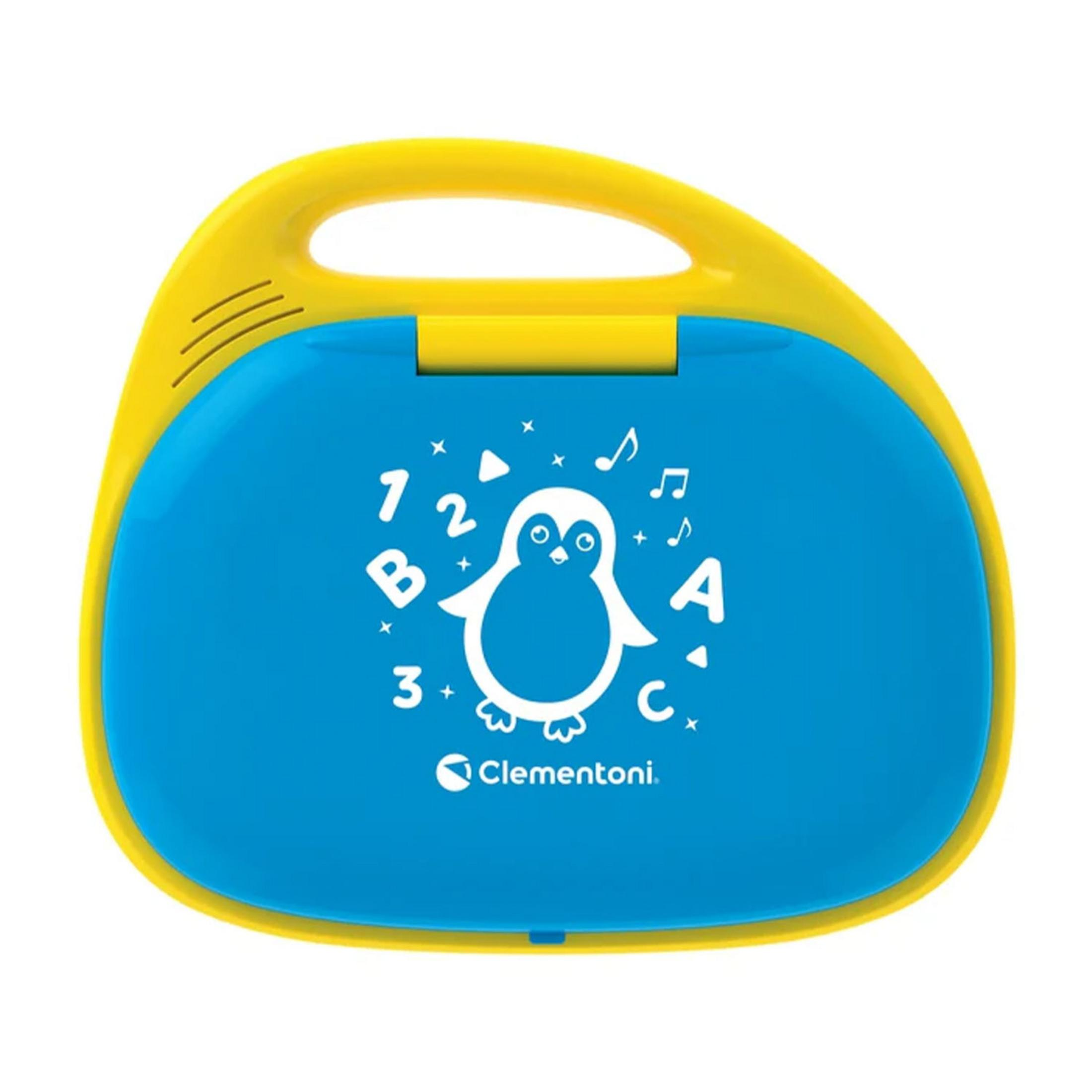 Żółty laptop-zabawka z niebieskim przodem przedstawiającym pingwina.