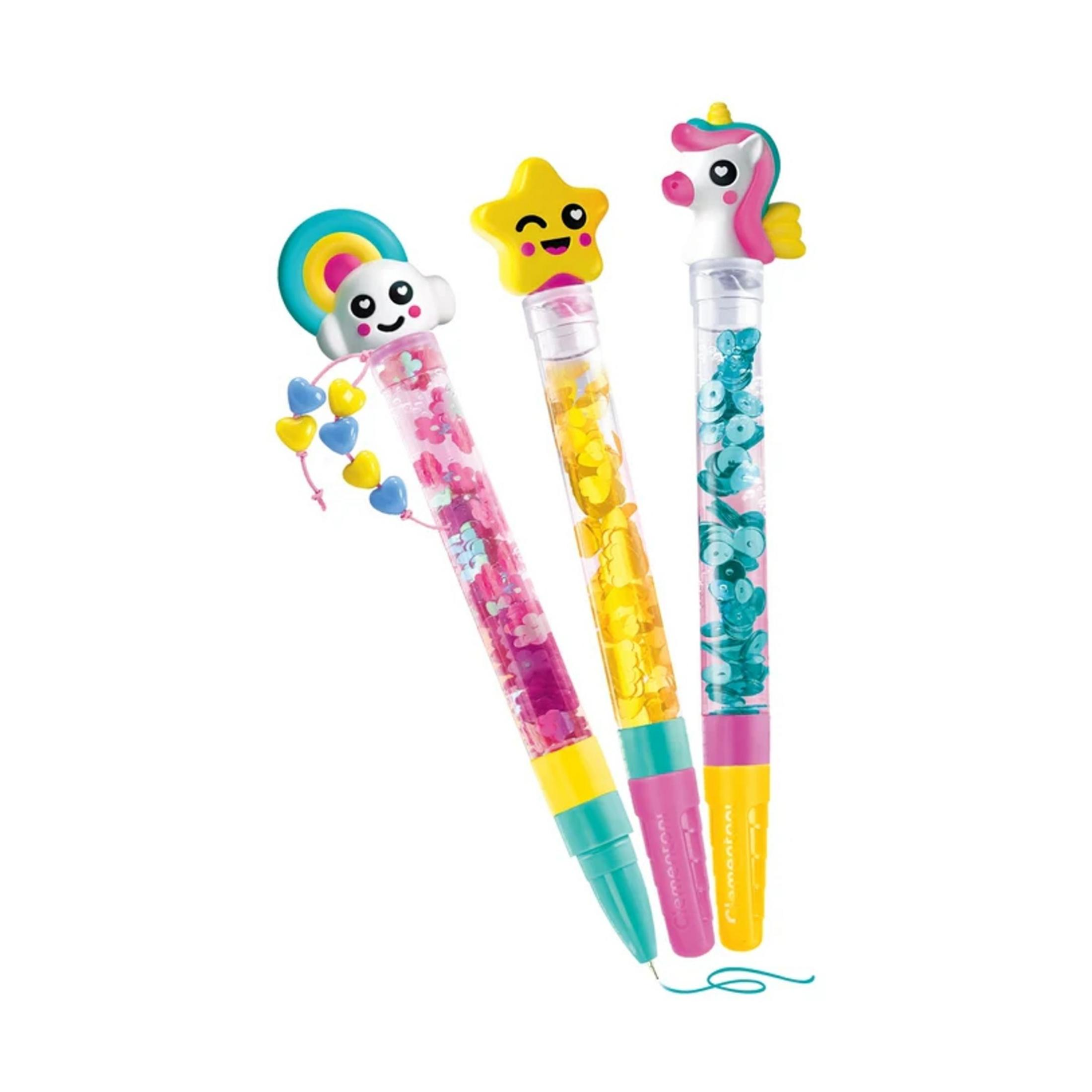 Drei Stifte mit Kawaii-Figuren: Einhorn, Stern und Wolke, gefüllt mit Glitzer.
