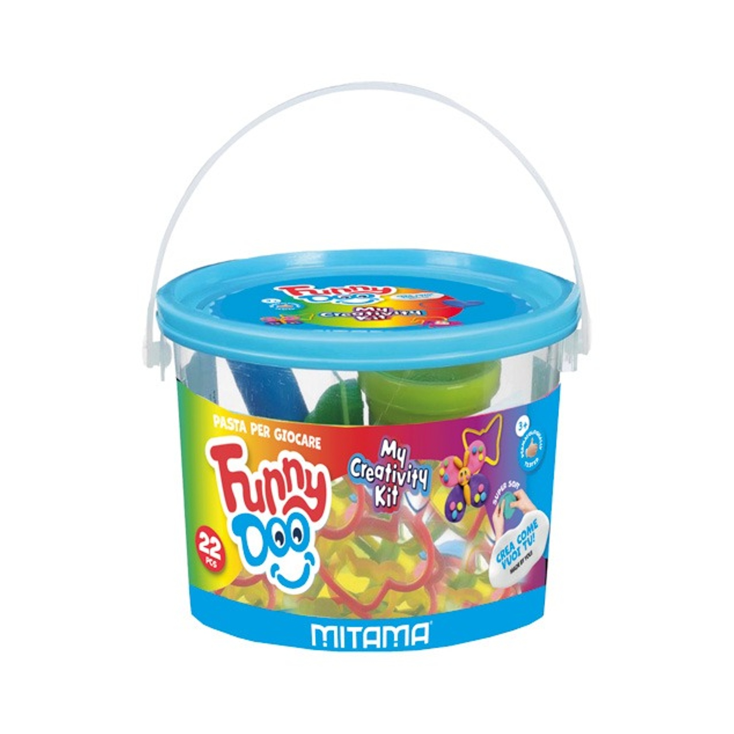 Bunte Knetmasse-Eimer mit Werkzeugen und Ausstechern für Kinder.