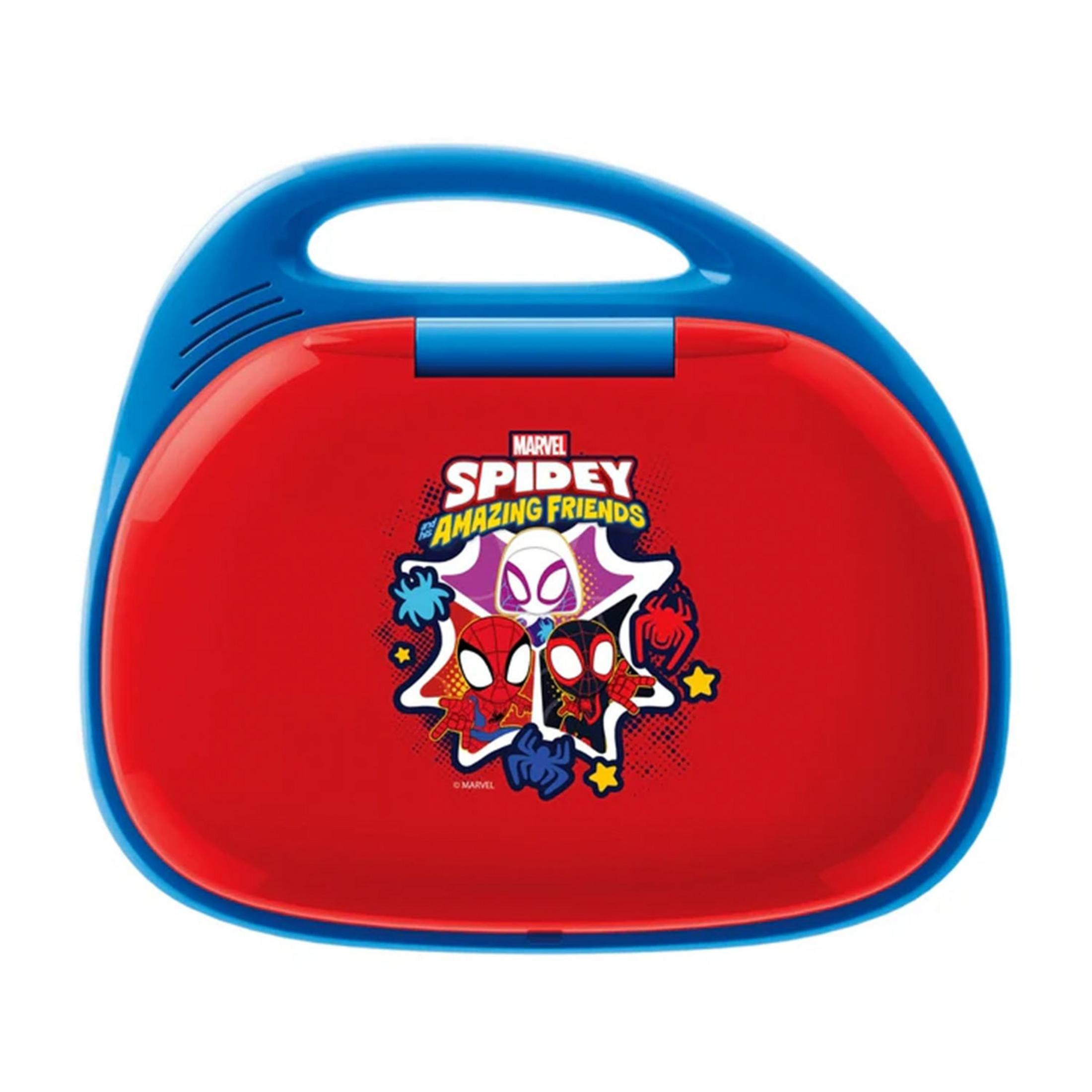 Czerwony laptop-zabawka z niebieską ramką i grafiką Spidey.