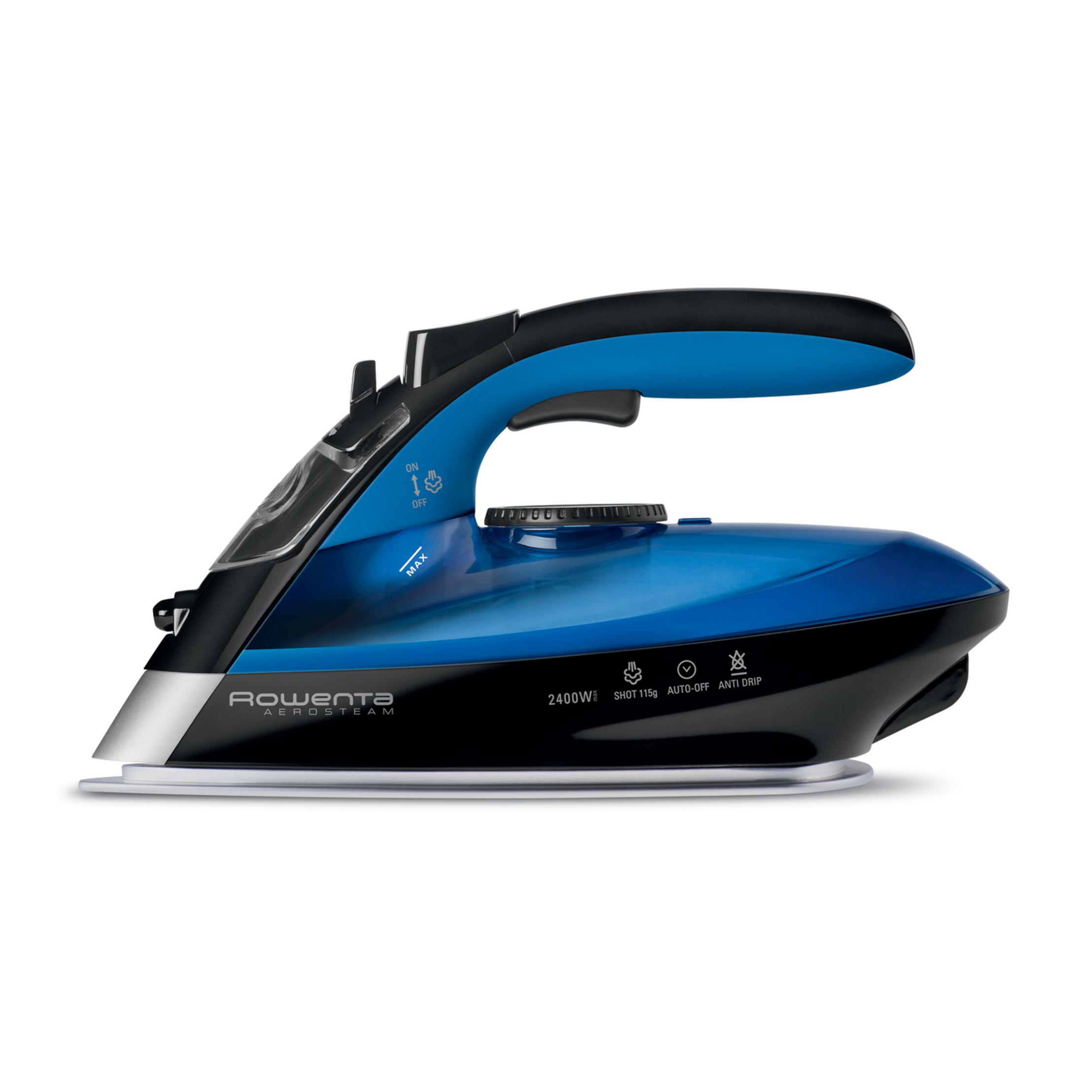 Niebiesko-czarny żelazko parowe z przezroczystym zbiornikiem na wodę.