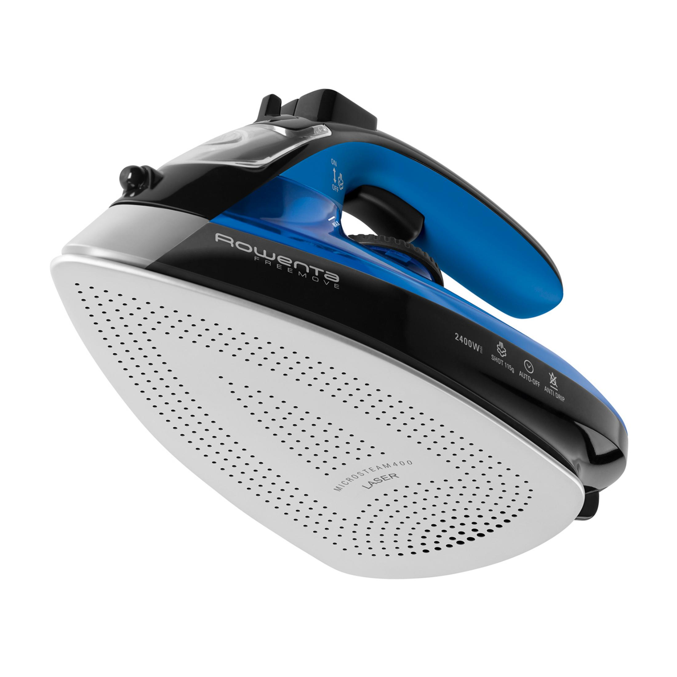 Niebiesko-czarny żelazko parowe z srebrną stopą i otworami na parę.