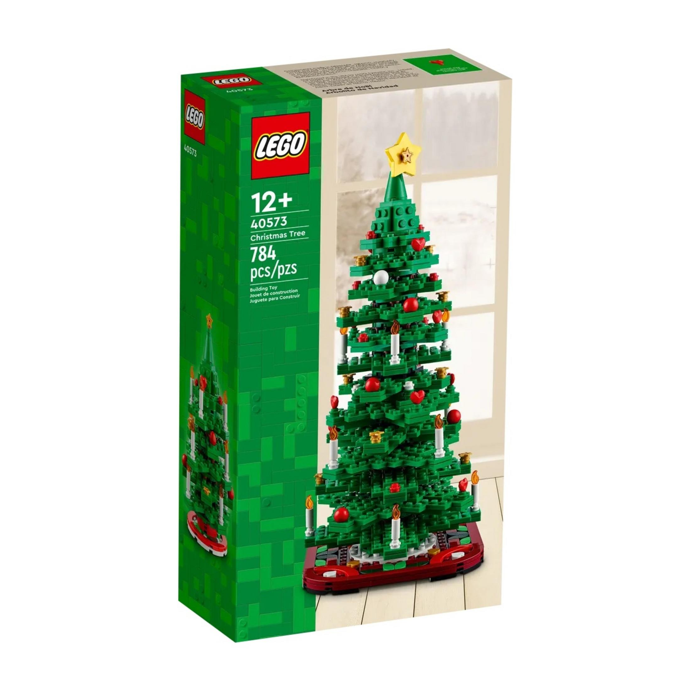 Zestaw LEGO zielonej choinki z gwiazdą, bombkami i świecami.