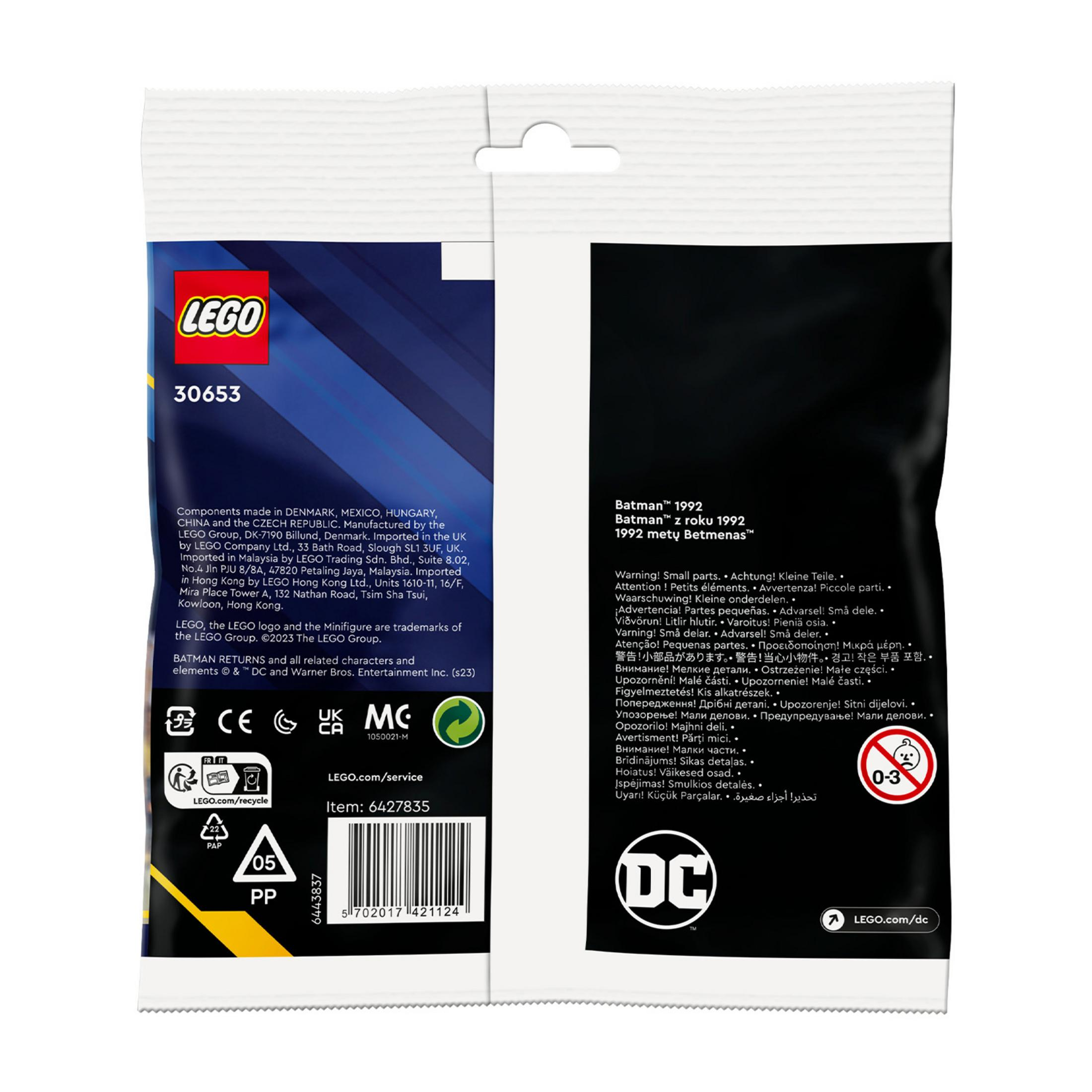 Verpackung mit LEGO-Logo, Warnhinweisen und DC-Logo.