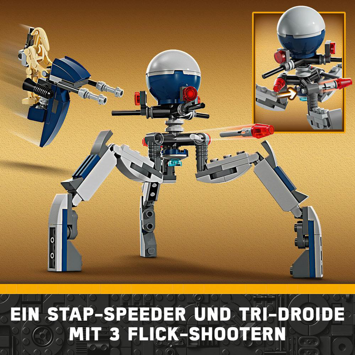 Niebieski Stap-Speeder i czteronożny Tri-Droid z czerwonymi i niebieskimi detalami.