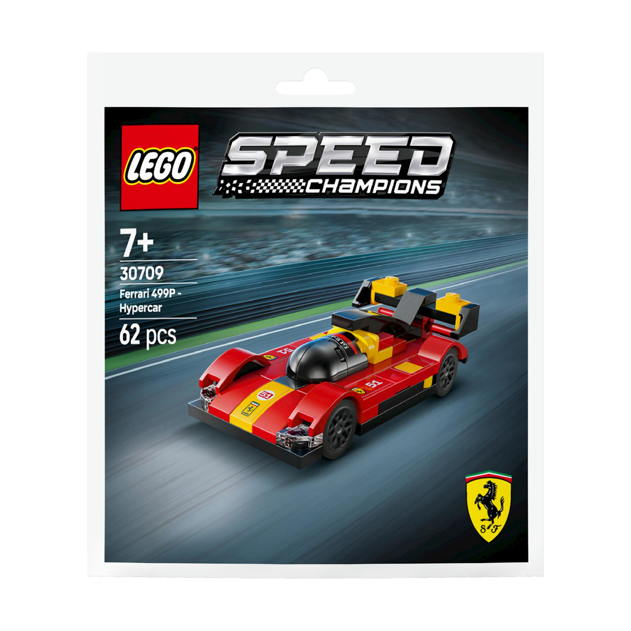 Zestaw LEGO Speed Champions Ferrari 499P Hypercar. Czerwony i żółty samochód na torze.