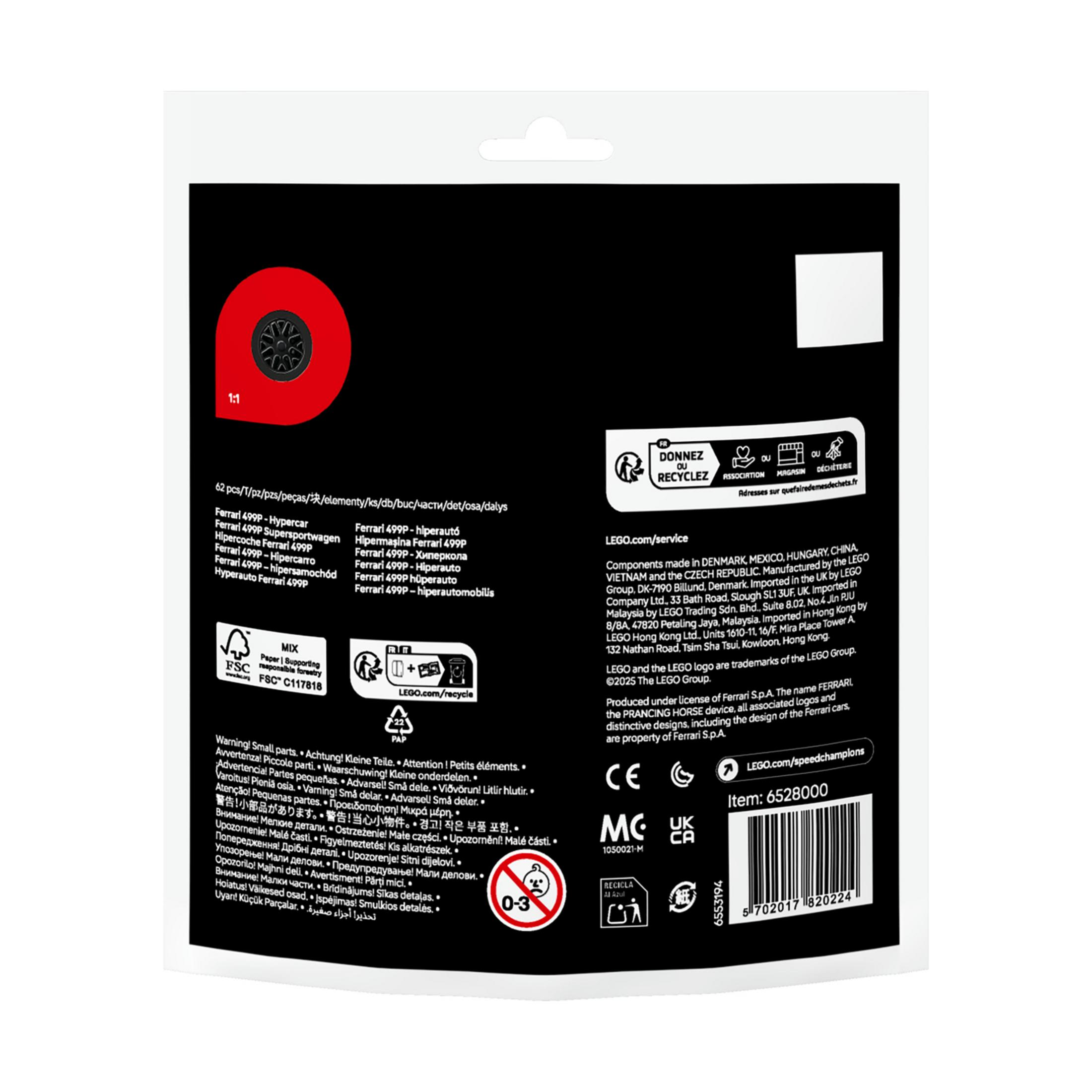 Opakowanie Lego z czerwonym kołem Ferrari, tekstem ostrzegawczym i informacjami.