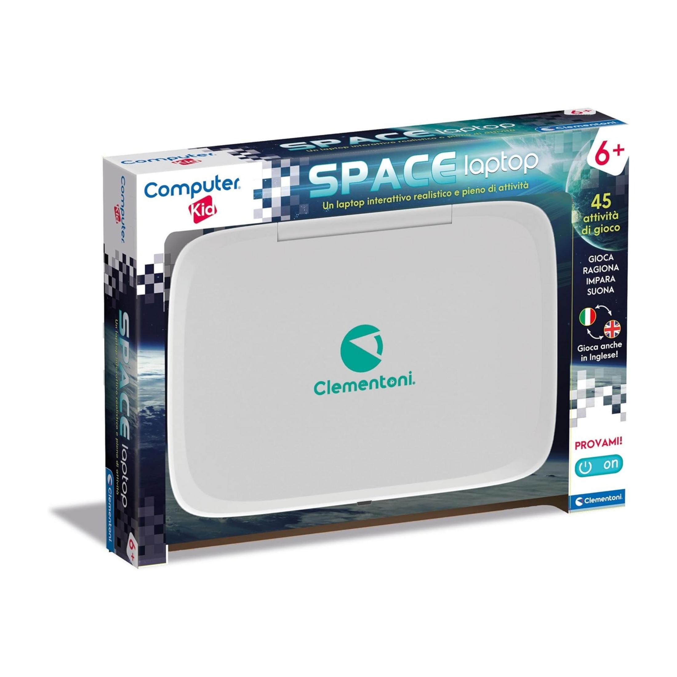 Un Clementoni Space Laptop bianco per bambini con testo colorato.