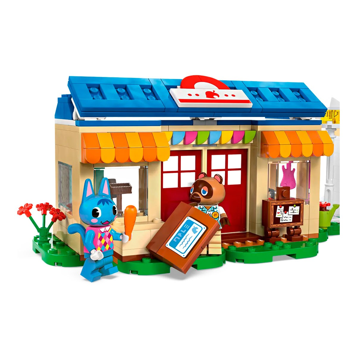 Lego winkel met blauwe kat en wasbeerfiguur die een bruine koffer dragen.