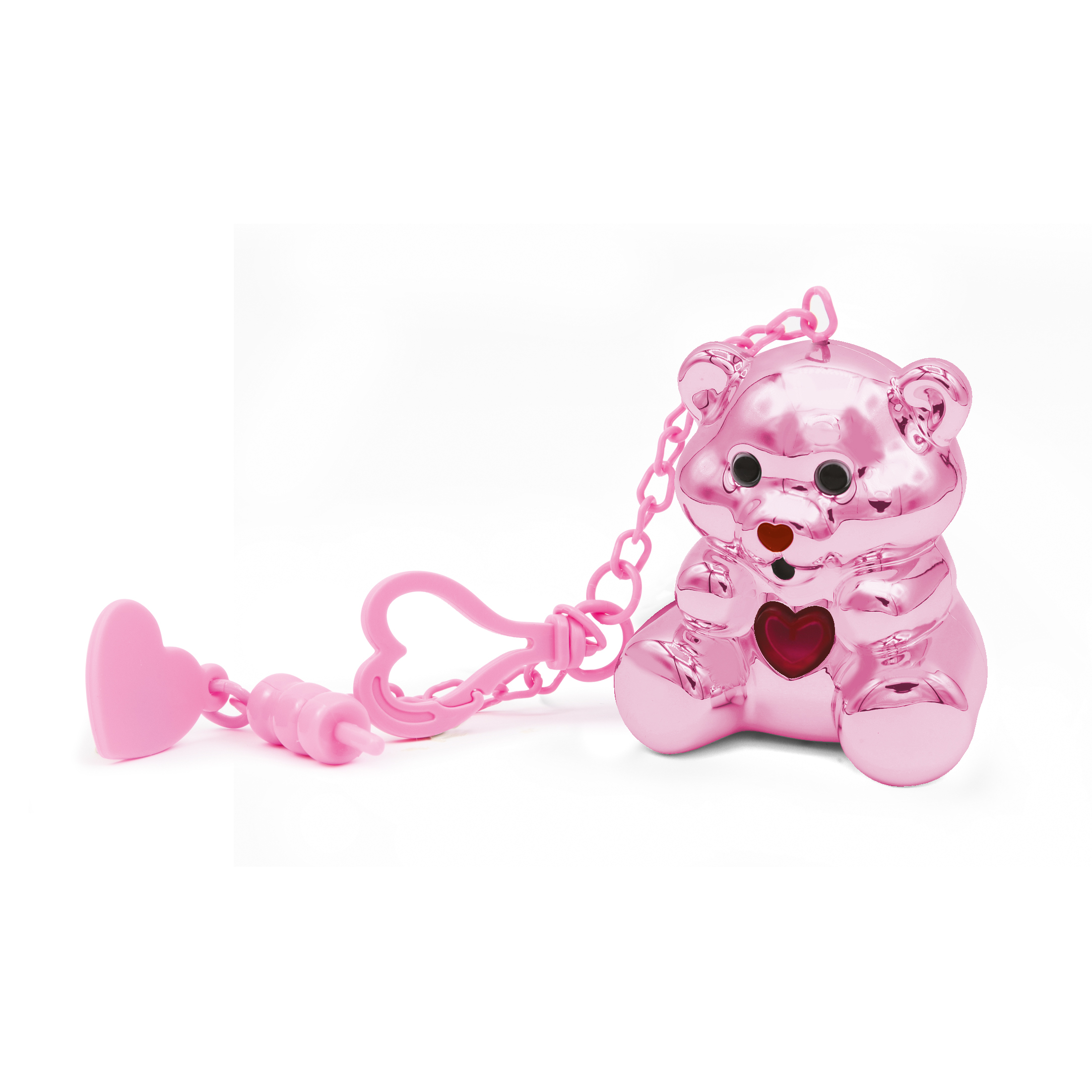 Un llavero brillante de oso rosa con detalle de corazón y cadena.