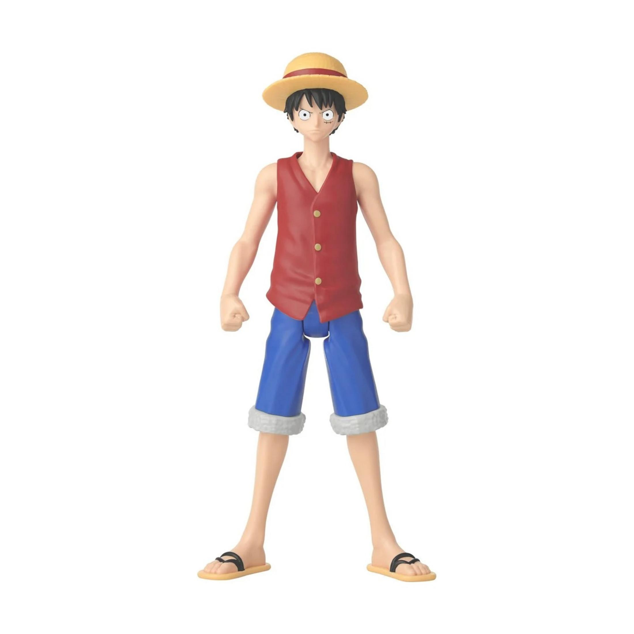 Action figure di un ragazzo con cappello di paglia, gilet rosso e pantaloncini blu.