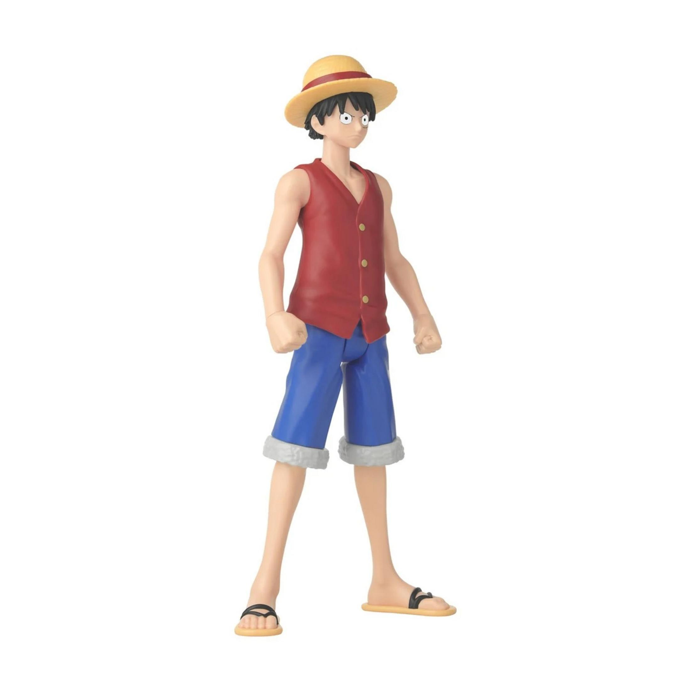 Action figure di un ragazzo con cappello di paglia, gilet rosso e pantaloncini blu.