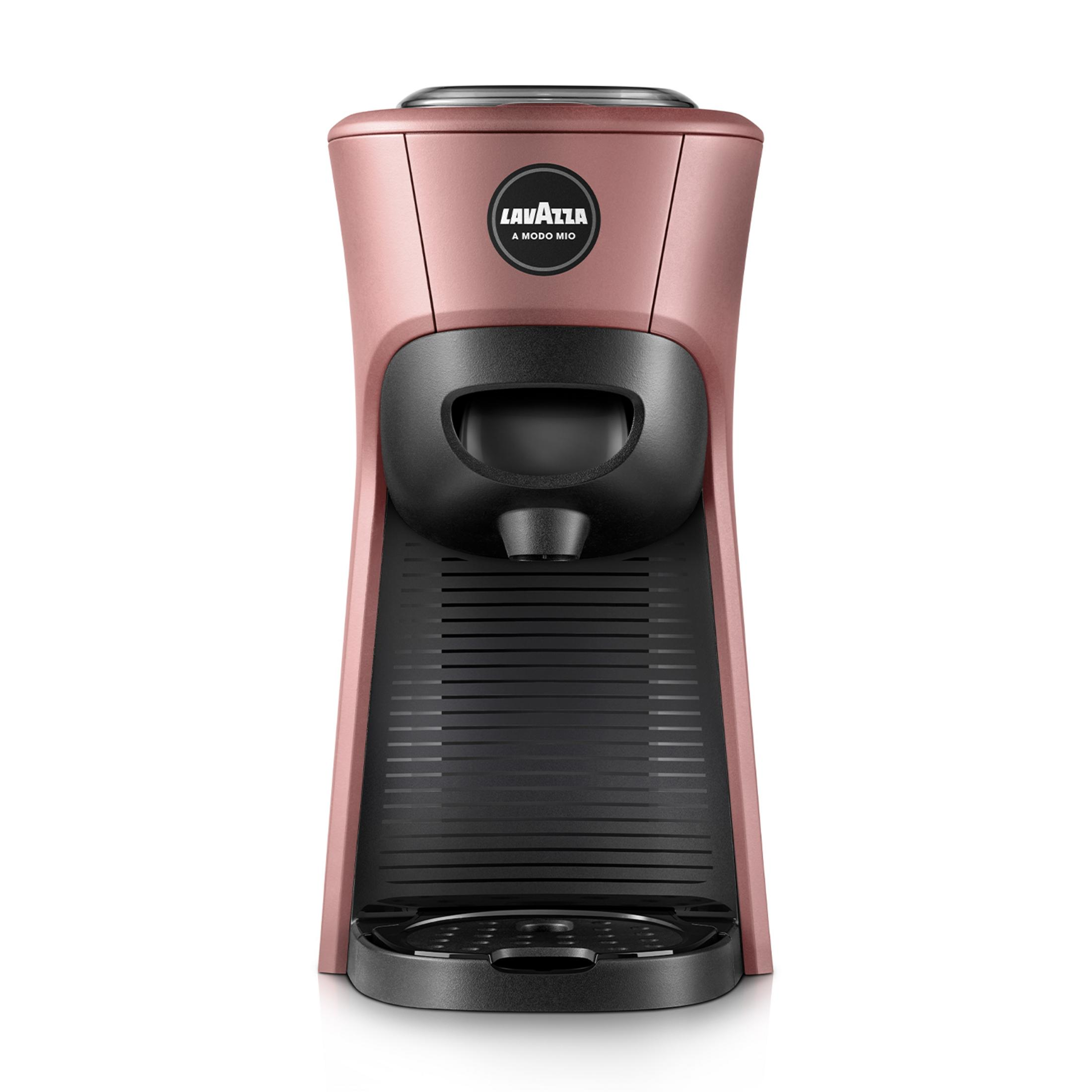 Różowo-złota maszyna do kawy Lavazza z czarnymi detalami.
