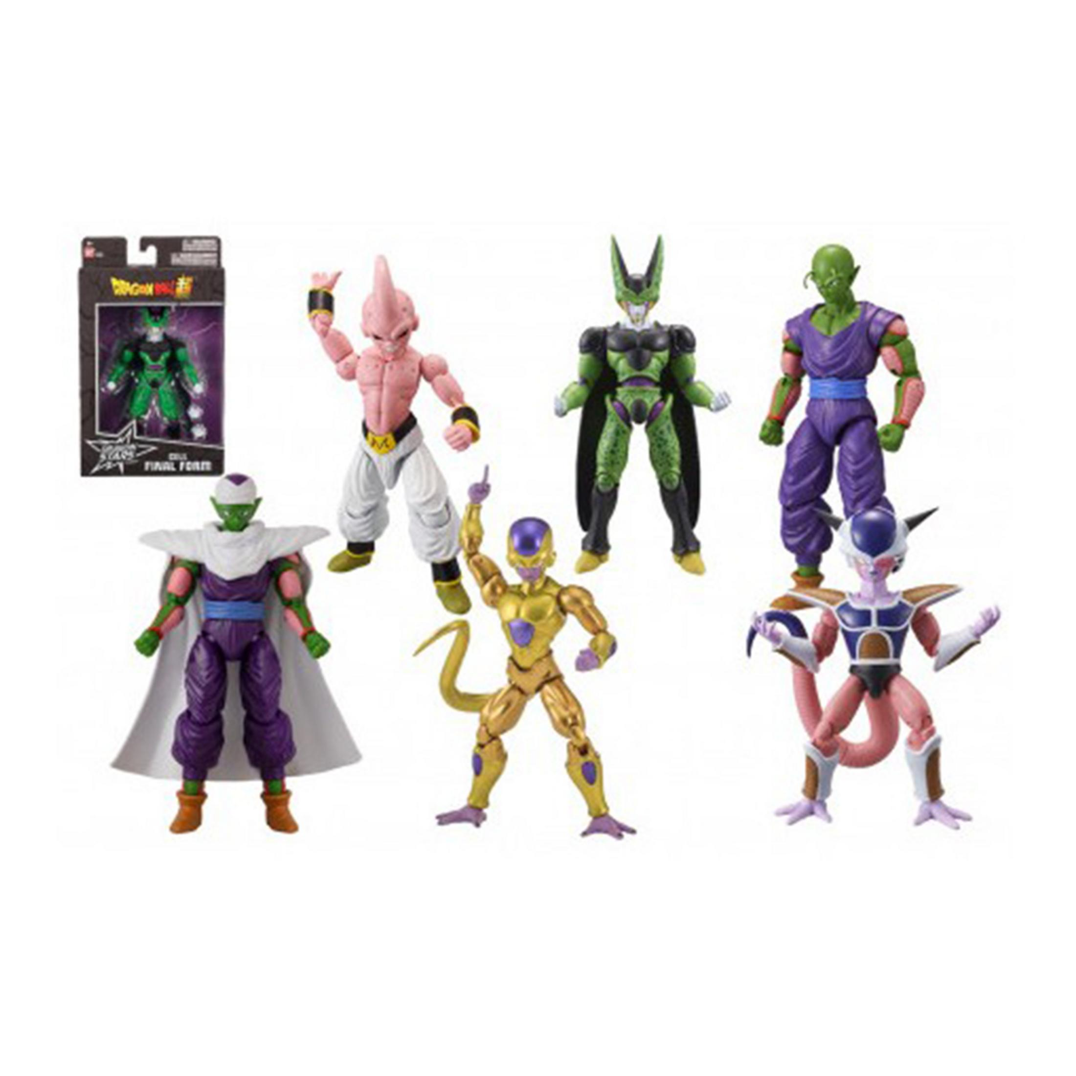 Sei action figure di Dragon Ball Z: Piccolo, Buu, Cell, Frieza e altri due.