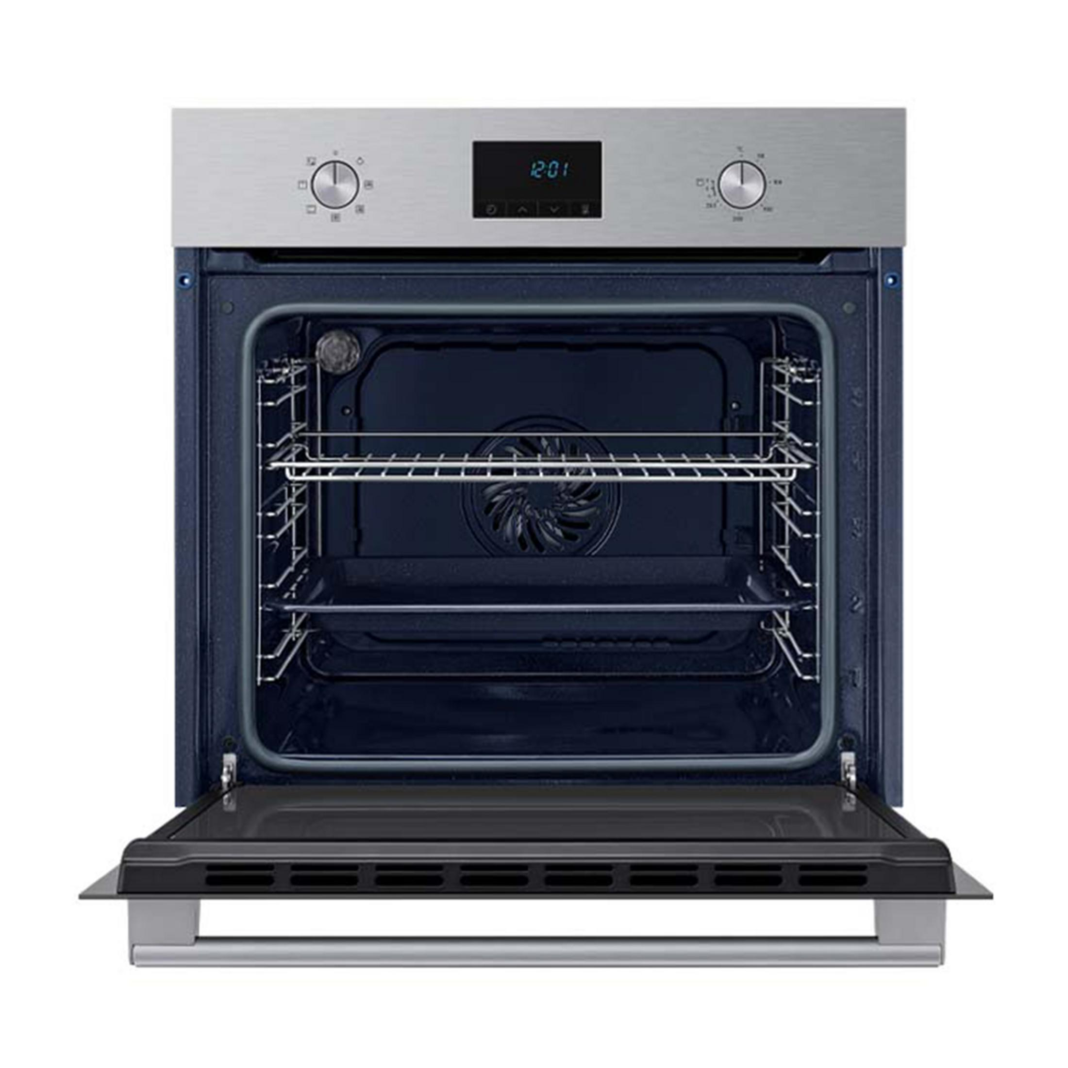Un forno aperto in acciaio inossidabile con interno blu e controlli digitali.