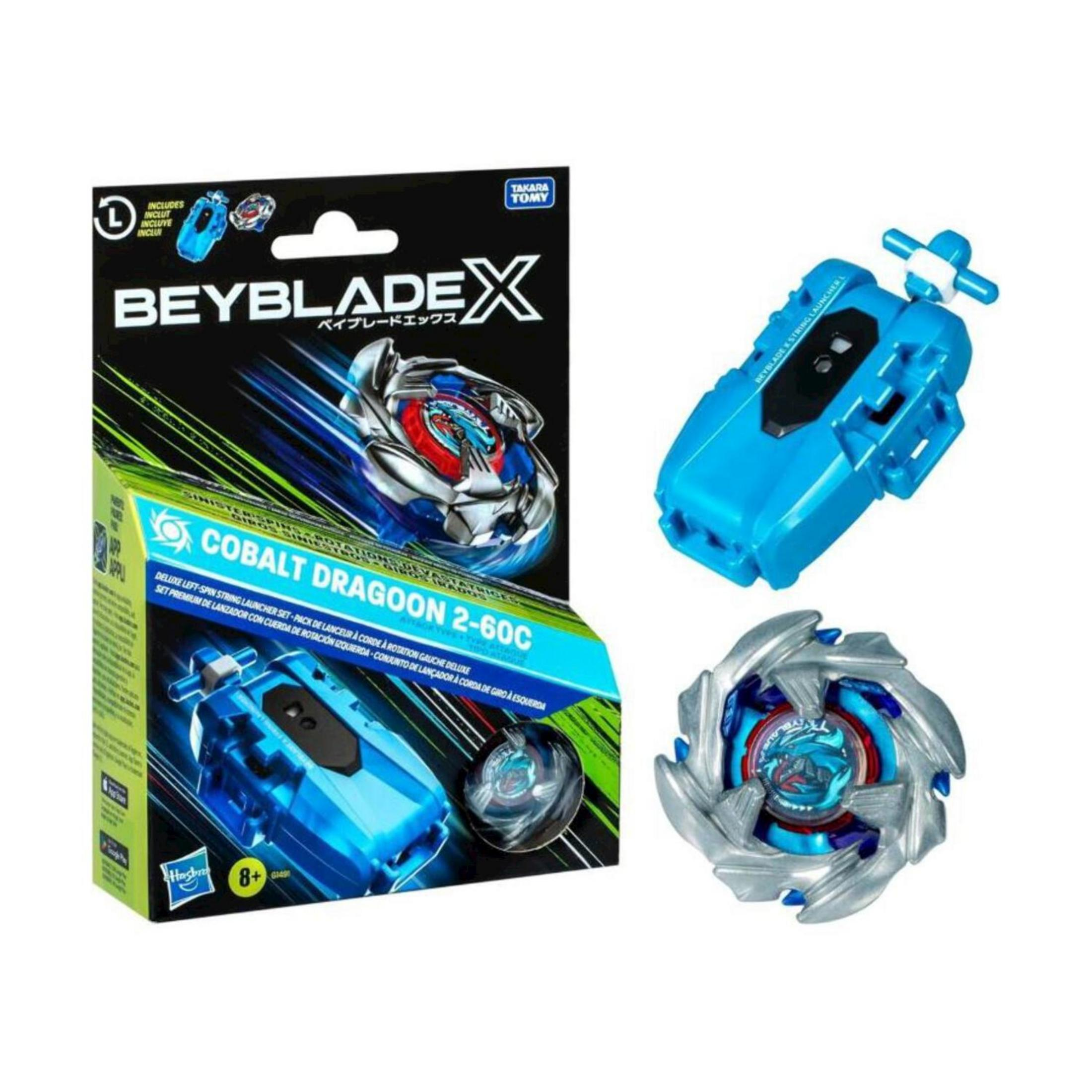 Set di giocattoli Beyblades: lanciatore blu, trottola argentata e scatola.