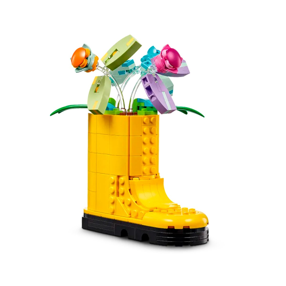 Żółty but LEGO z kolorowymi kwiatami.