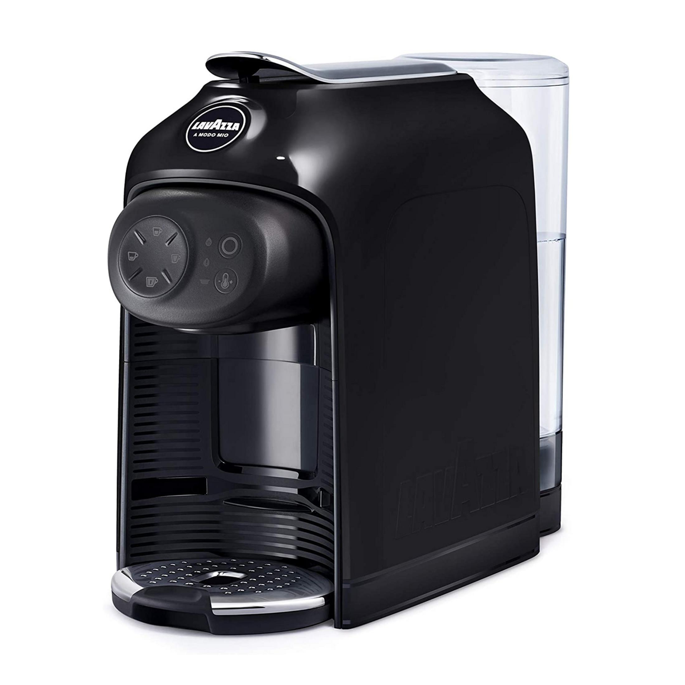 Czarny ekspres do kawy Lavazza ze zbiornikiem na wodę i przyciskami.