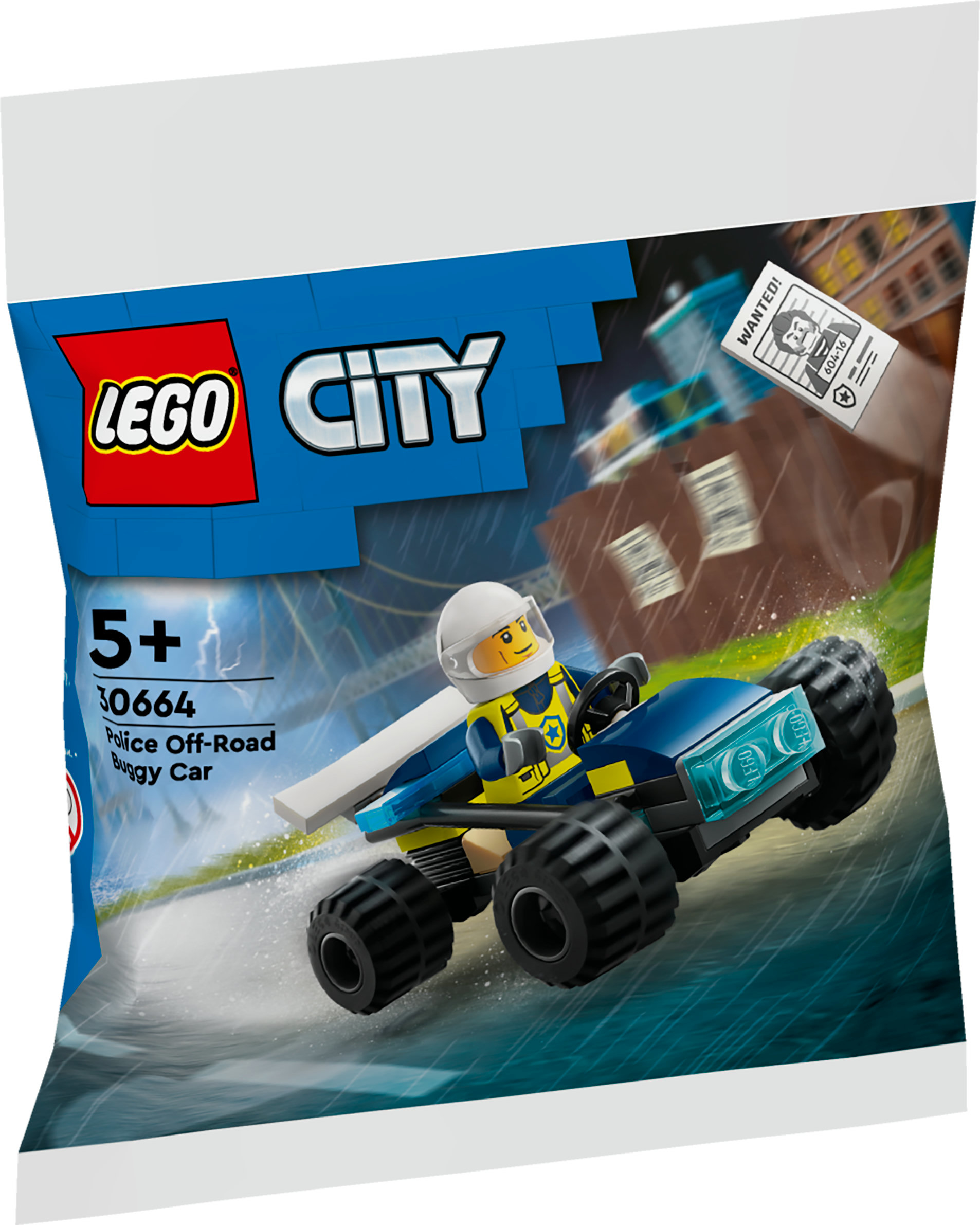 LEGO City polis arazi aracı ıslak zeminde hızla ilerliyor.