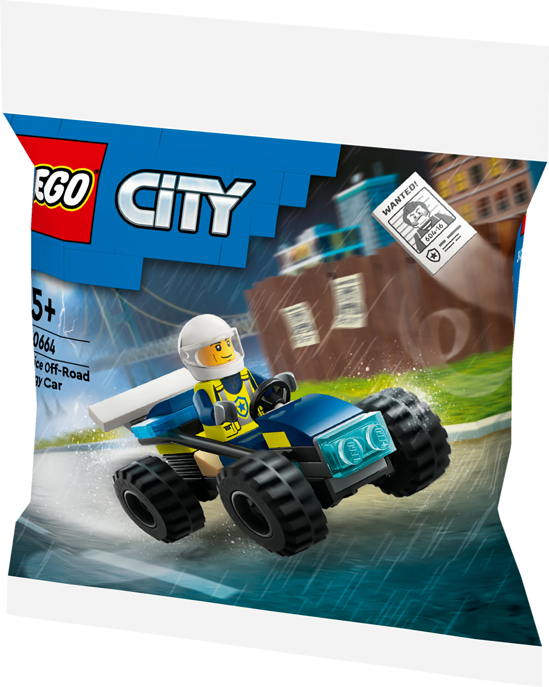 Lego City polis aracı ıslak yolda gidiyor, arkada arananlar posteri.