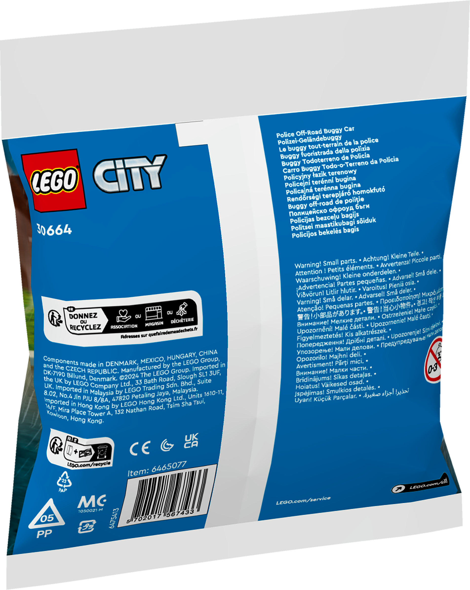 LEGO City Polis Off-Road Buggy uyarı ve geri dönüşüm simgeleriyle.