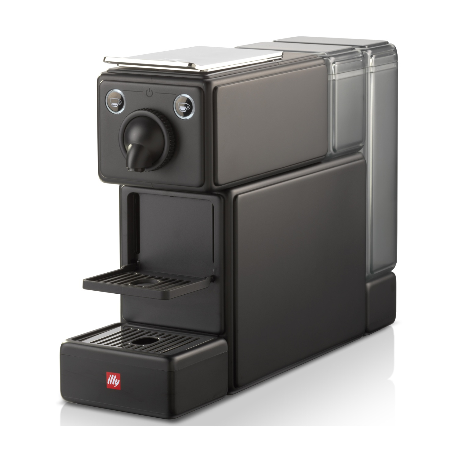 Schwarze Kaffeemaschine mit silbernem Deckel und transparentem Wassertank. Illy-Logo unten.