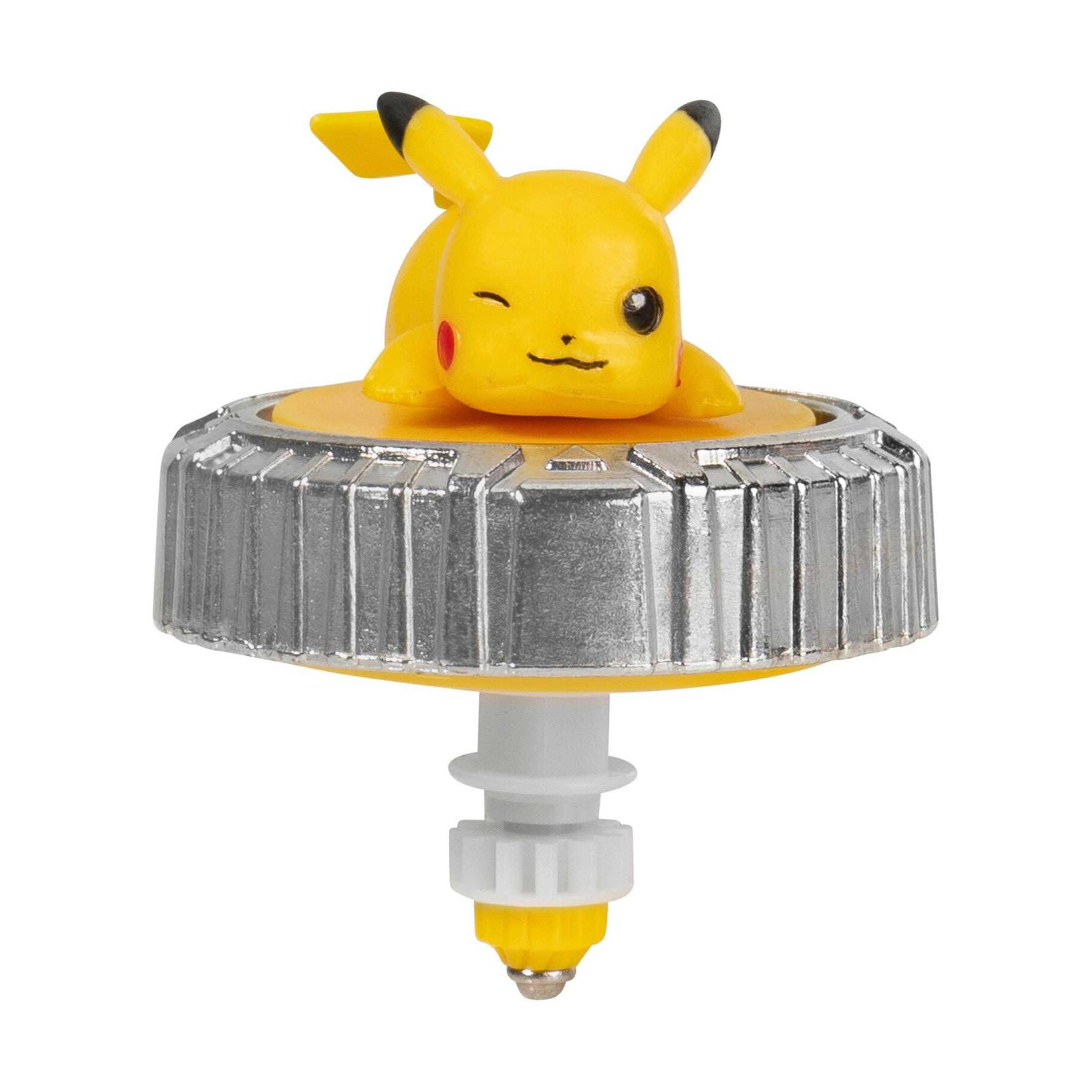 Trottola gialla di Pikachu con anello argentato e manico bianco.