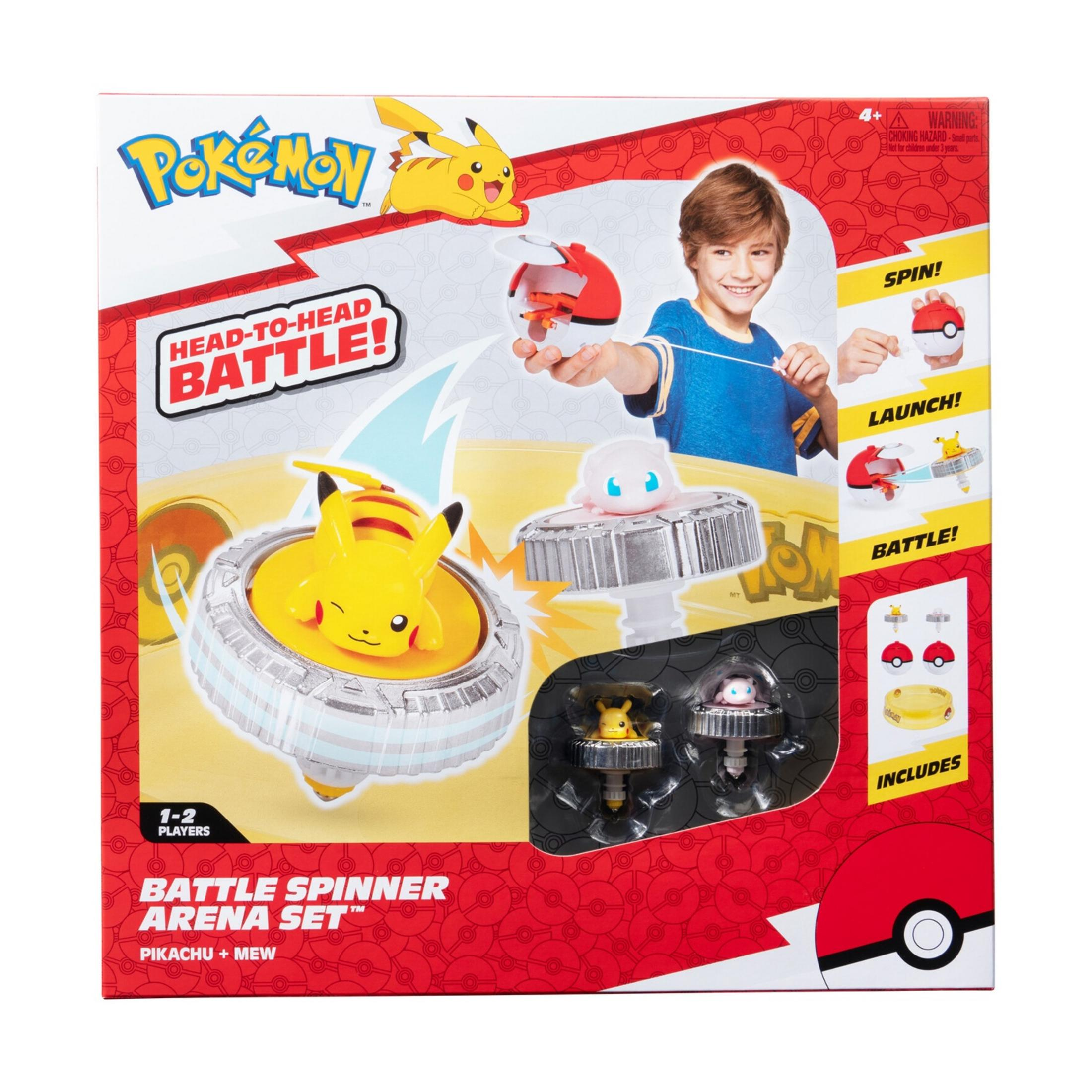 Set arena trottole Pokémon con figure di Pikachu e Mew, pronte per girare e combattere.