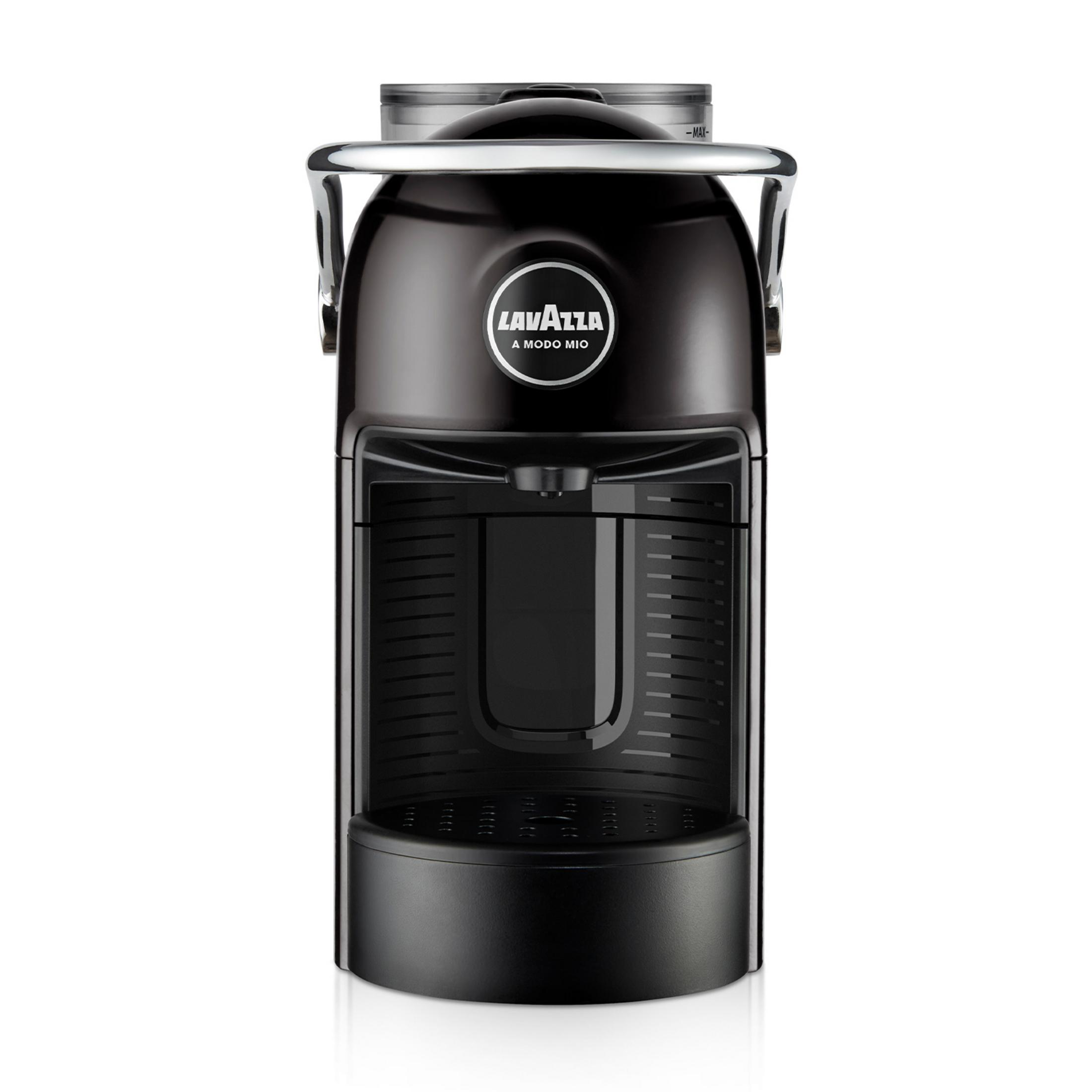 Schwarze Lavazza Kaffeemaschine mit Chromgriff, Logo oben.