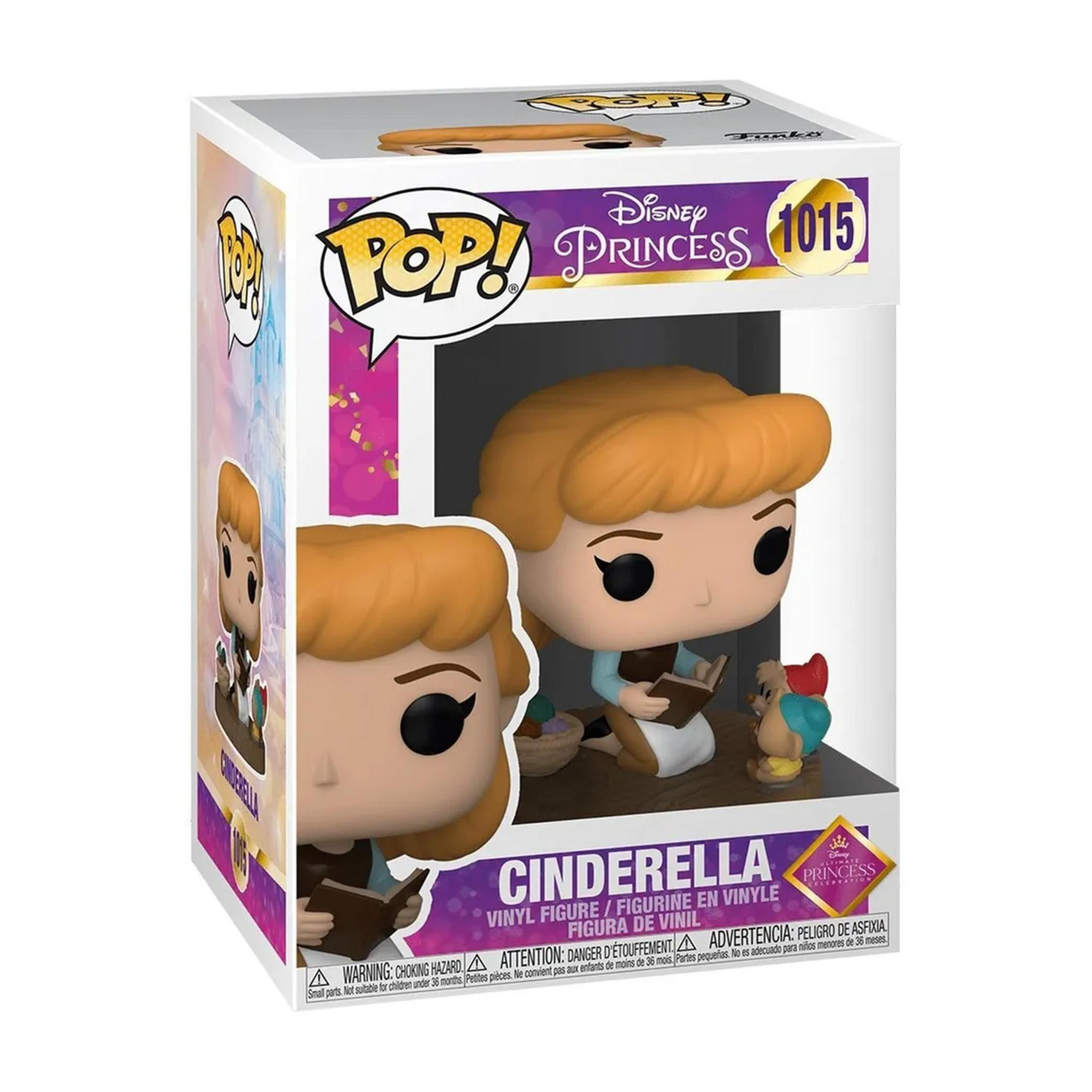 Action figure Funko Pop! in vinile di Cenerentola con libro e topo in scatola.