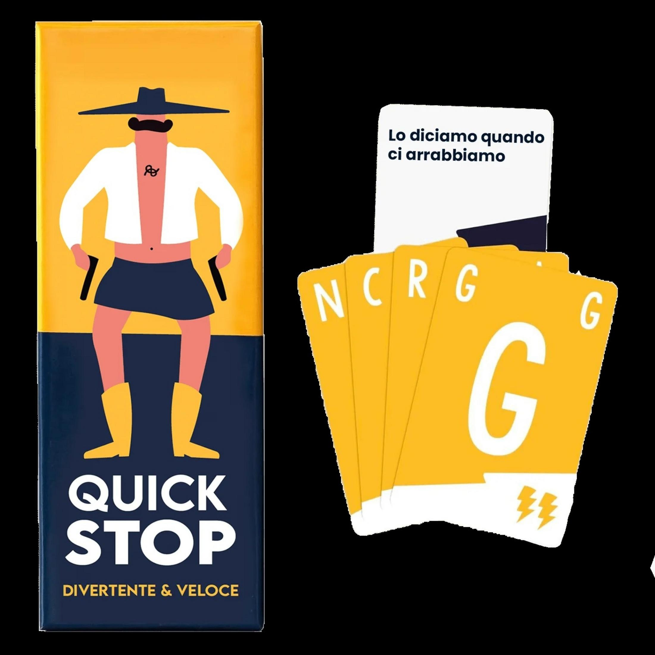 Spielschachtel "Quick Stop" mit Spielkarten. Mann mit Hut, Schnurrbart.