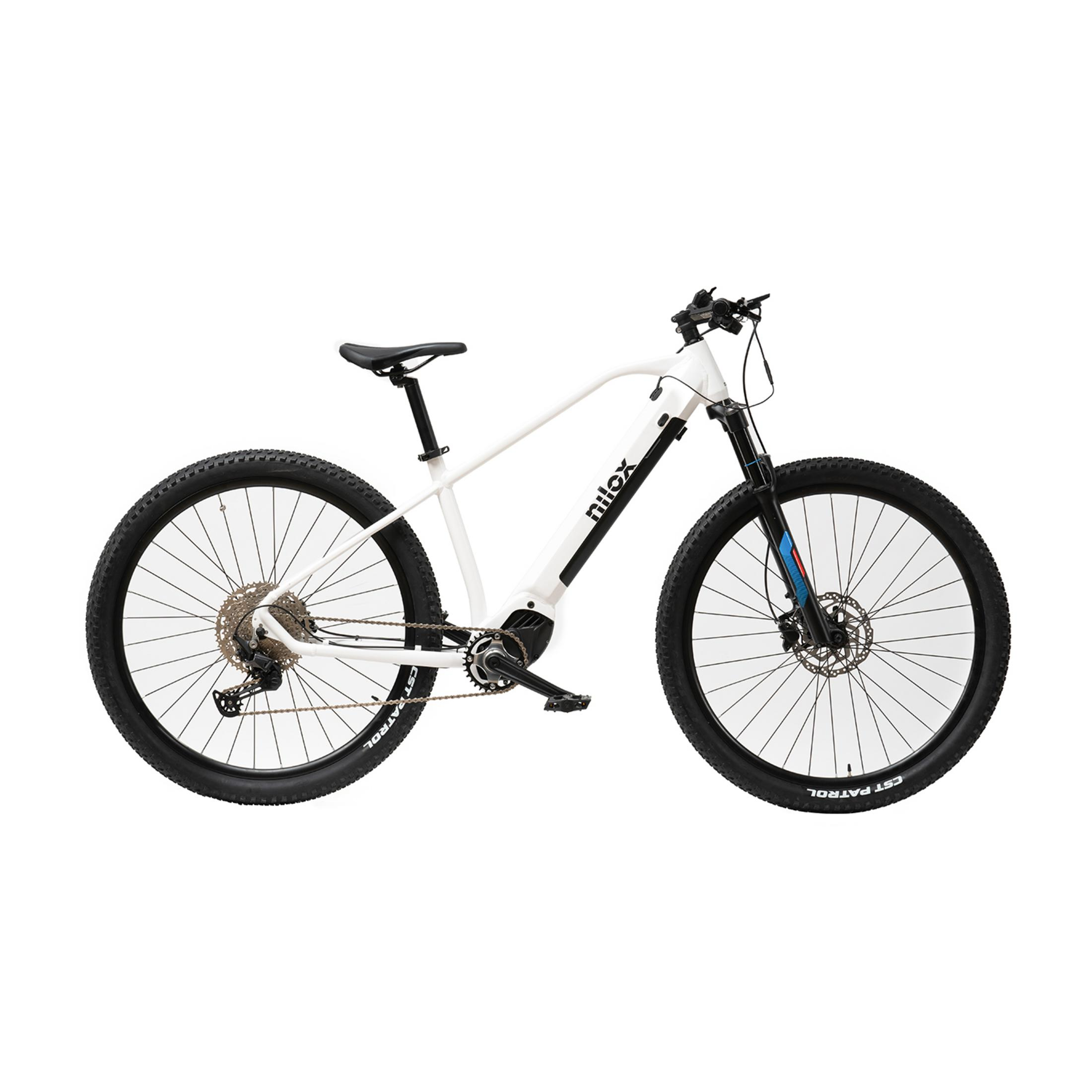 Una bicicletta elettrica bianca con ruote e pneumatici neri.