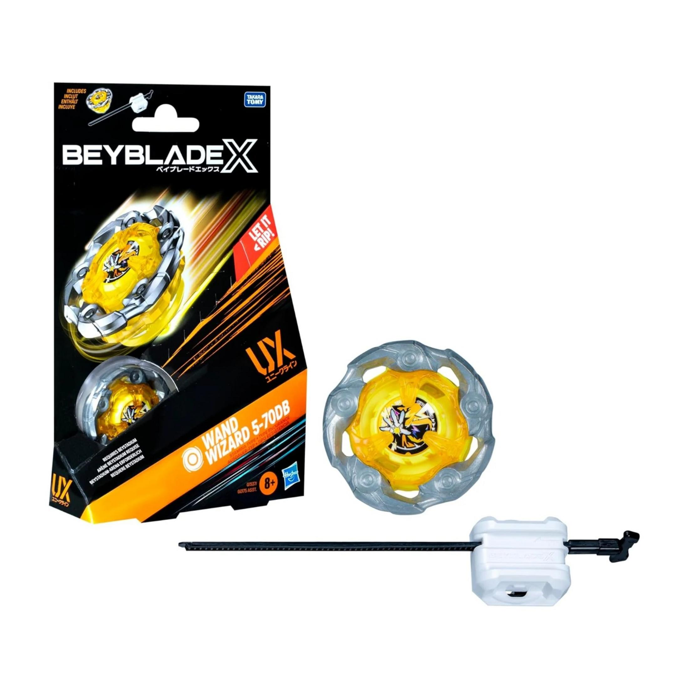 Beyblade X Wand Wizard con trottola argento e gialla e lanciatore bianco.