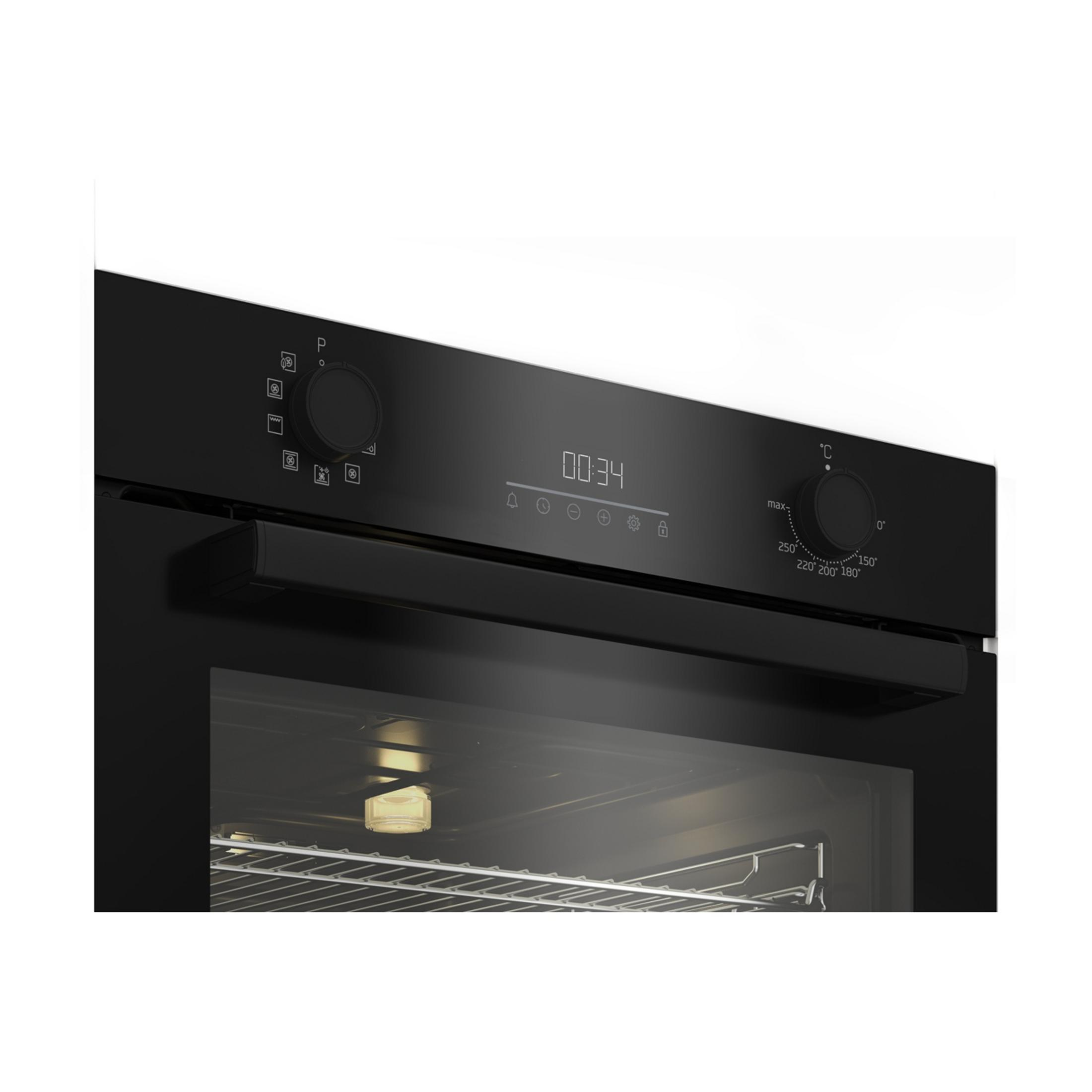 Forno nero con display digitale dell'ora e manopole per temperatura e funzione.