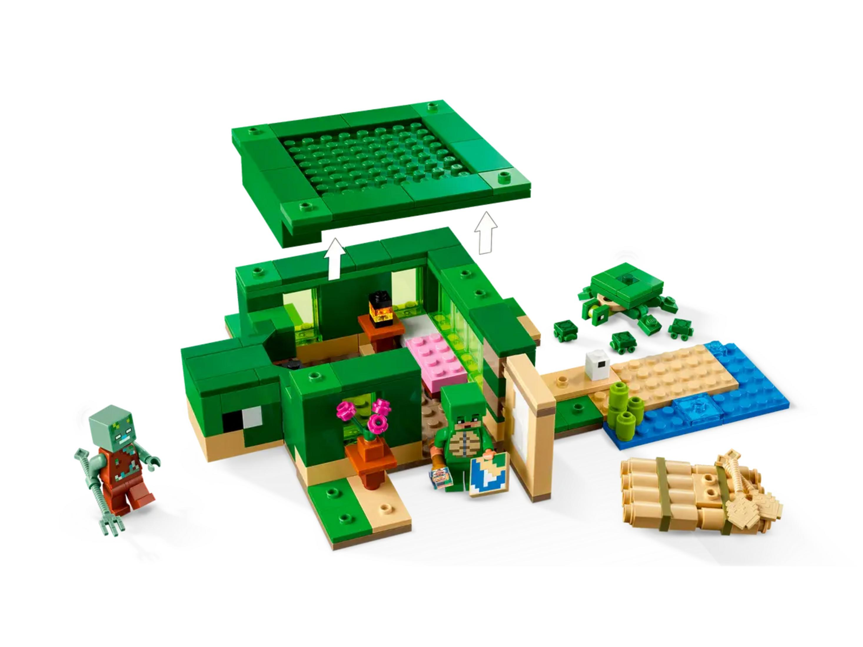 Groen Lego huis met figuren: een zombie, een schildpad en kleine schildpadjes.
