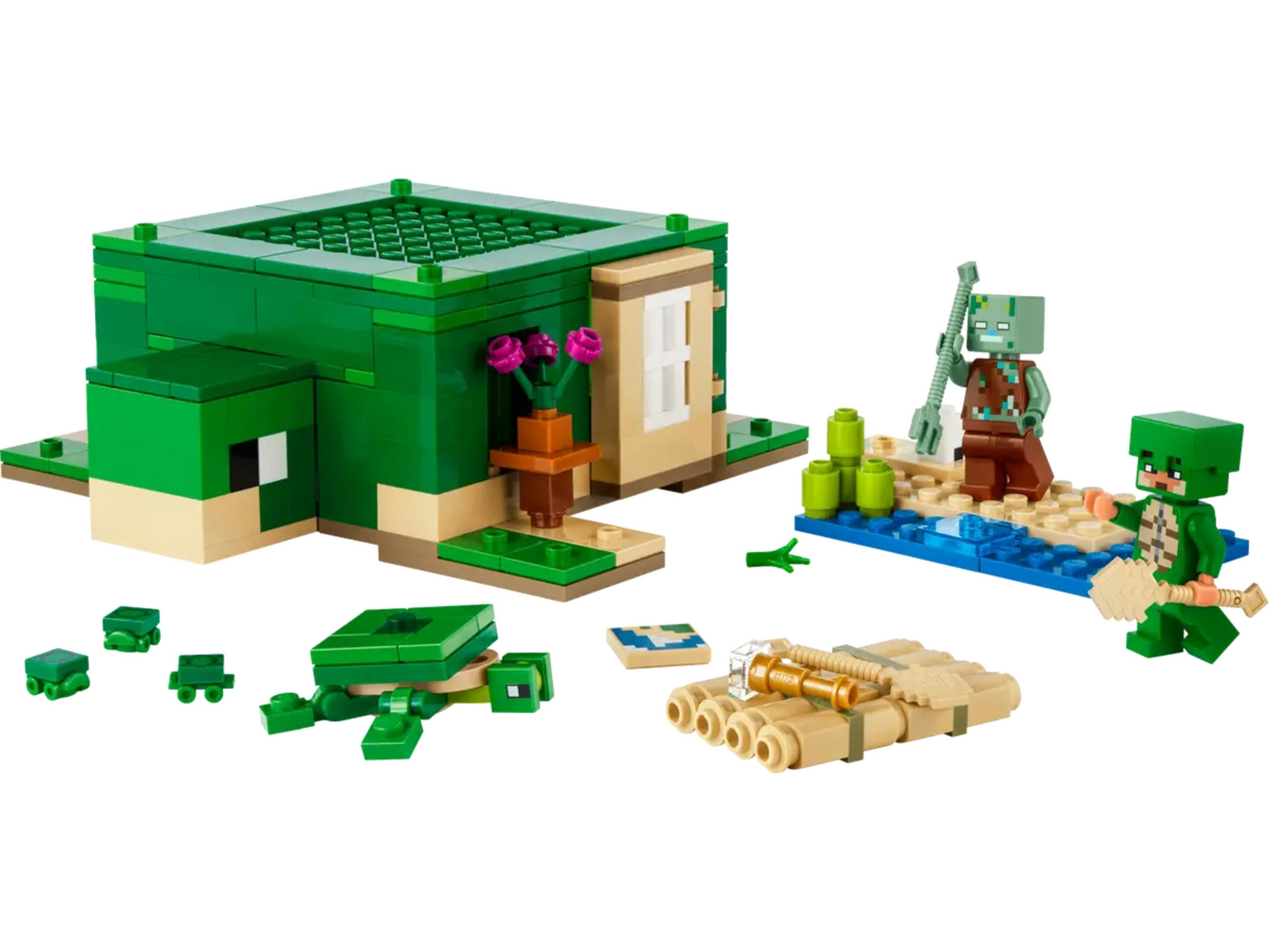 Lego set: Een groen schildpadhuis met figuren en accessoires op witte achtergrond.