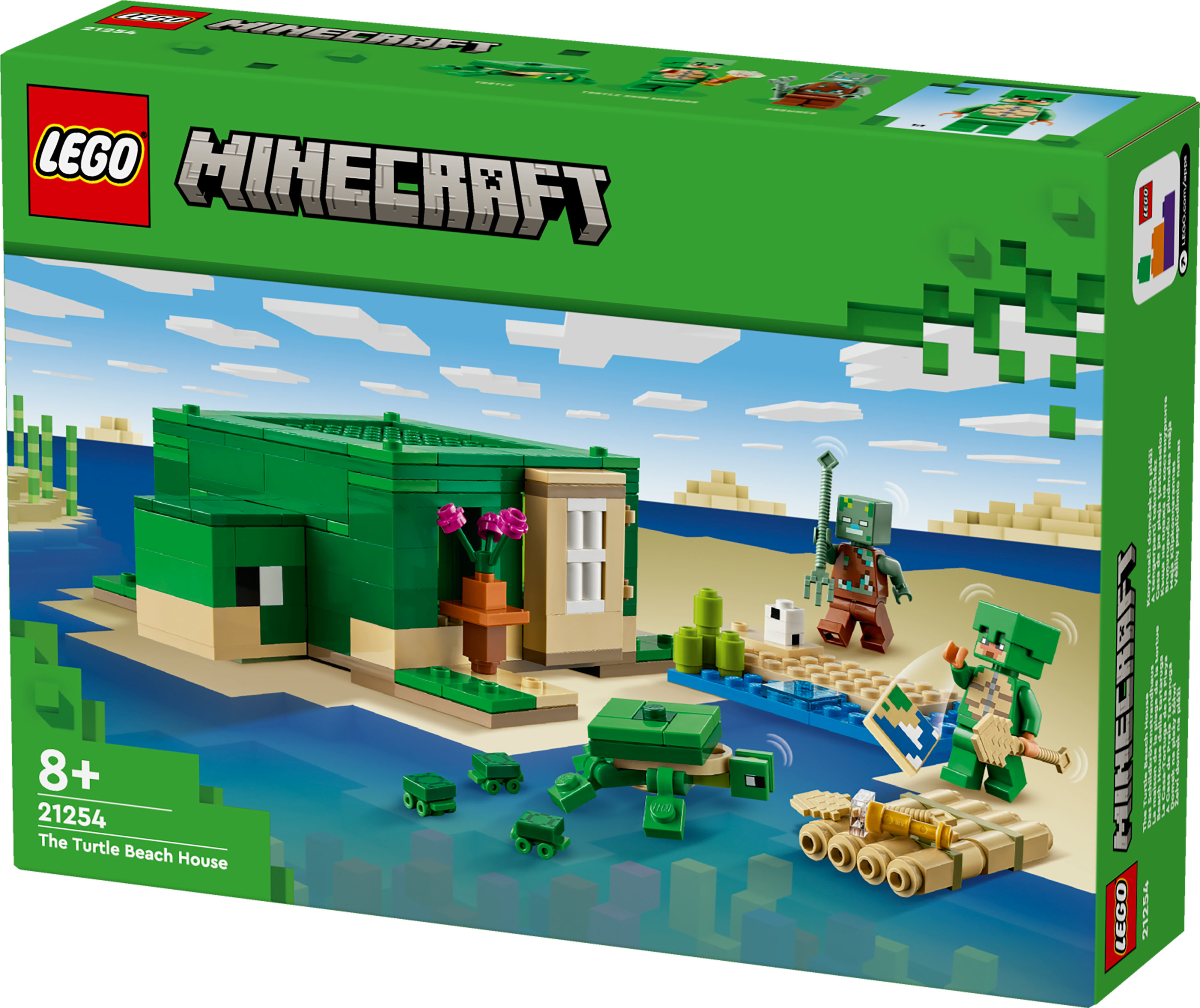 LEGO Minecraft Schildpaddenstrandhuis met figuren.