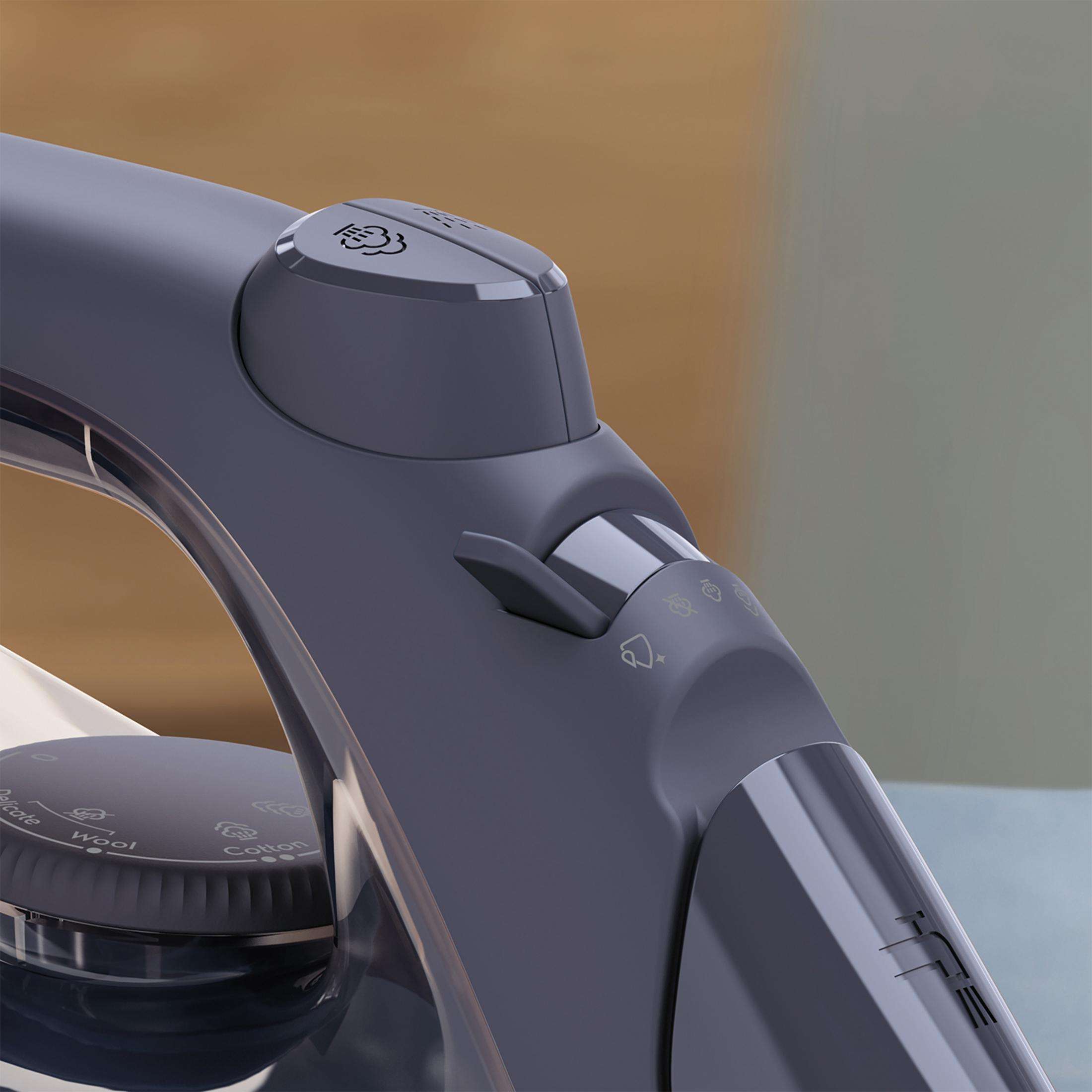 Ciemnoszare żelazko z pokrętłem regulacji i symbolami pary.