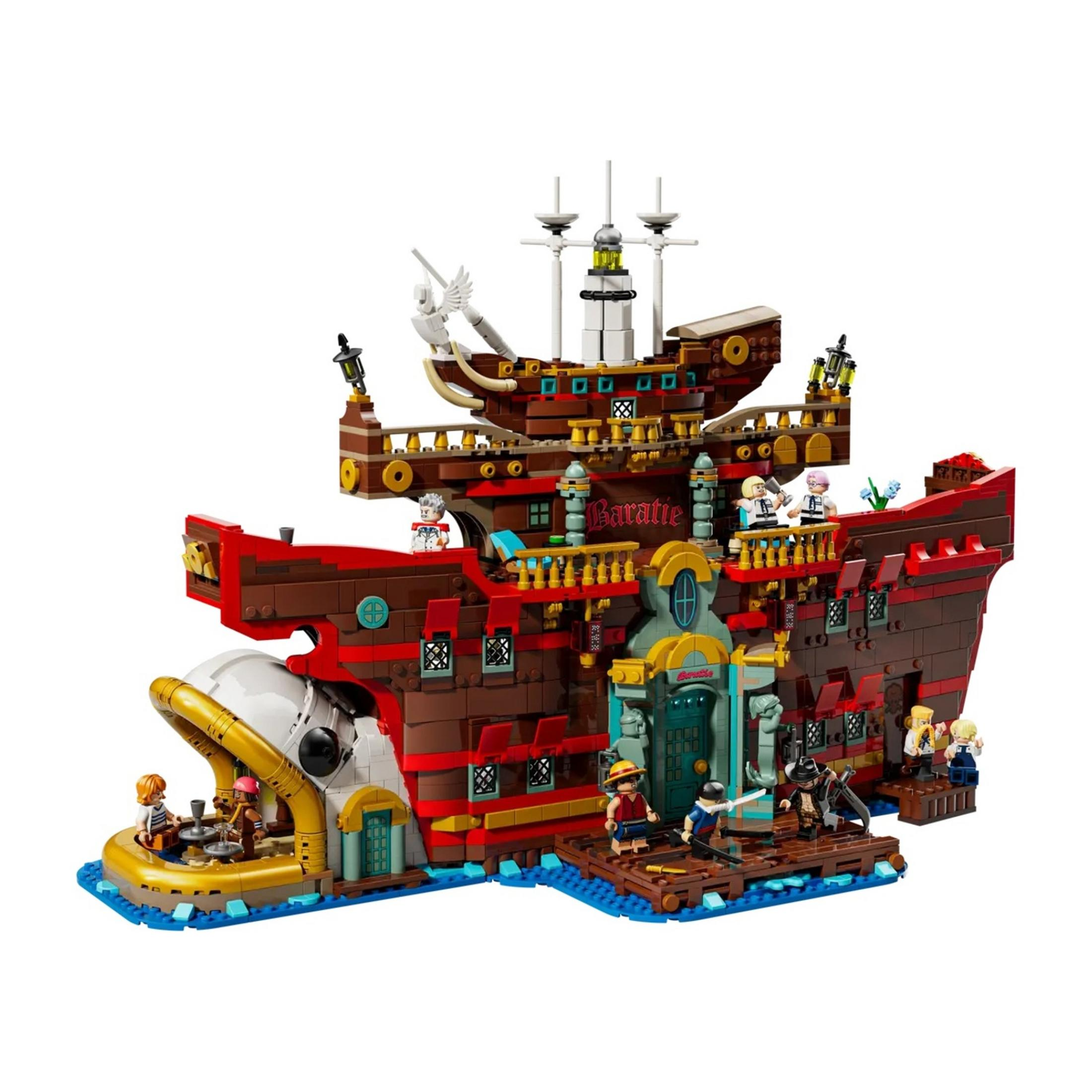 Una nave Lego con molte figure, il ristorante Baratie.