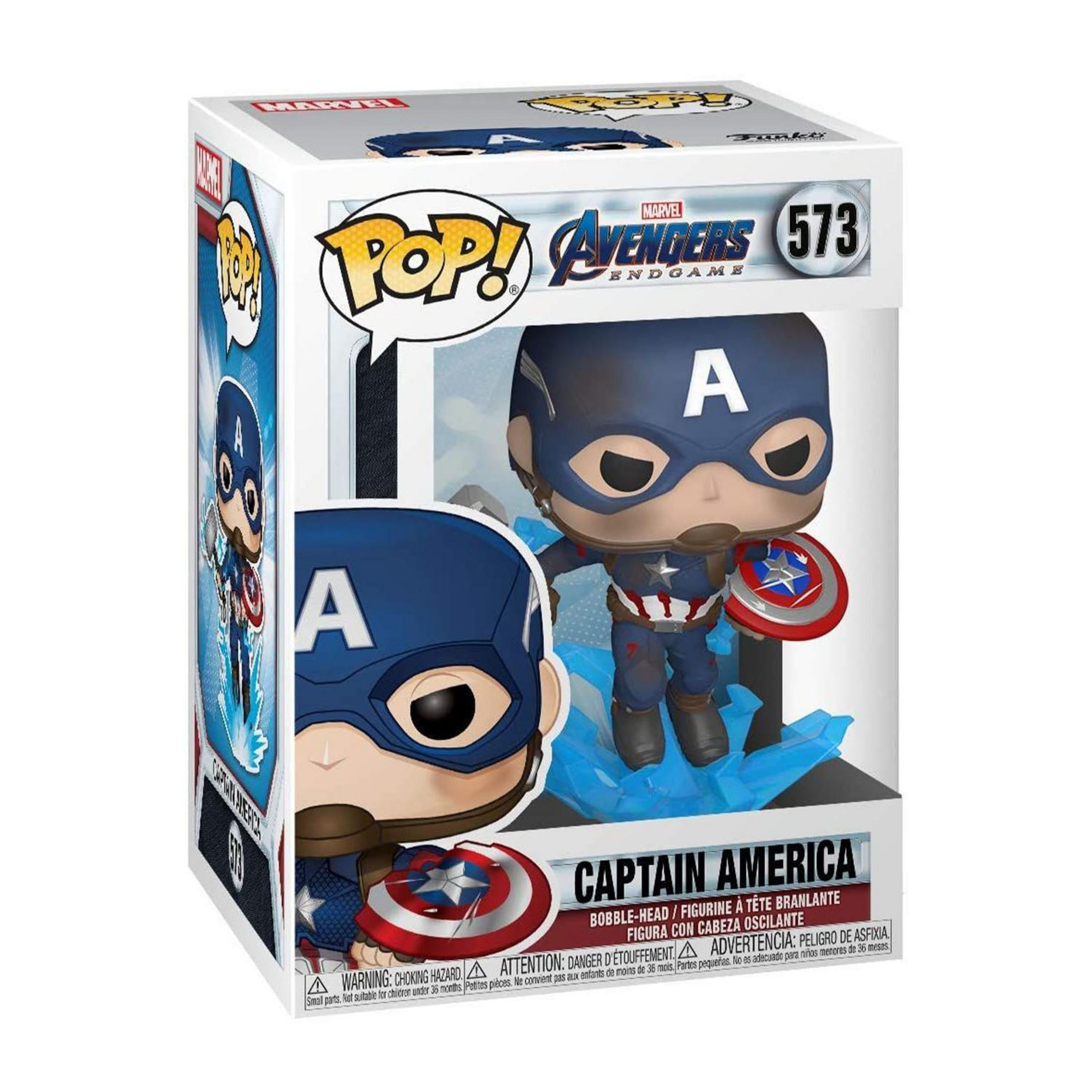 Action figure Funko Pop di Captain America in scatola, con scudo su base blu.
