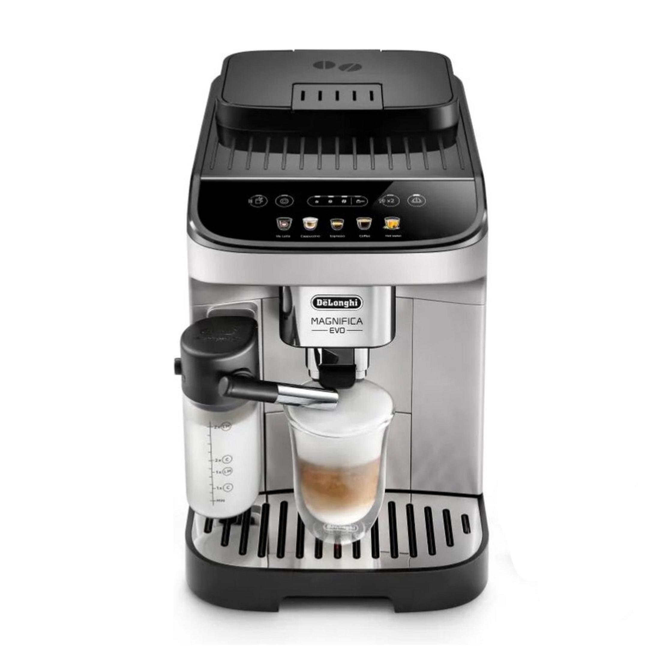 Srebrna ekspres do kawy DeLonghi z dzbankiem na mleko i szklanką kawy.