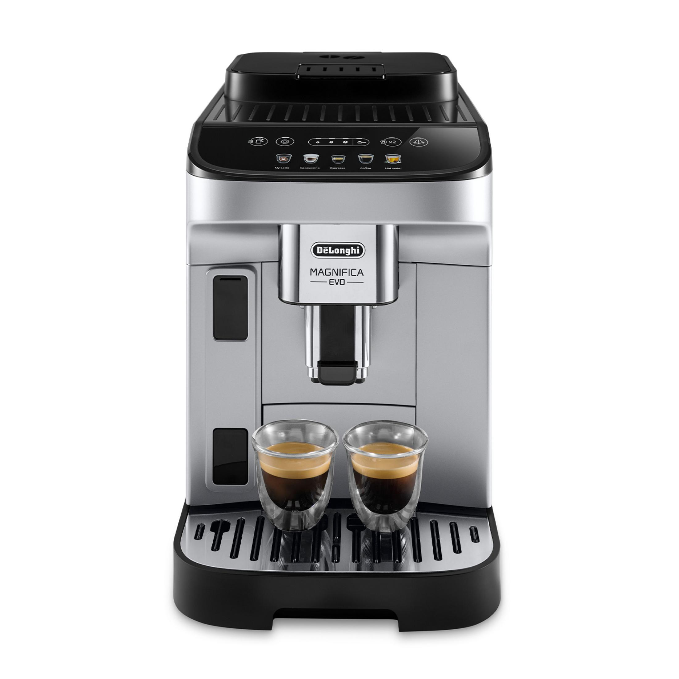 Srebrna automatyczna ekspres do kawy DeLonghi z dwoma szklankami espresso.