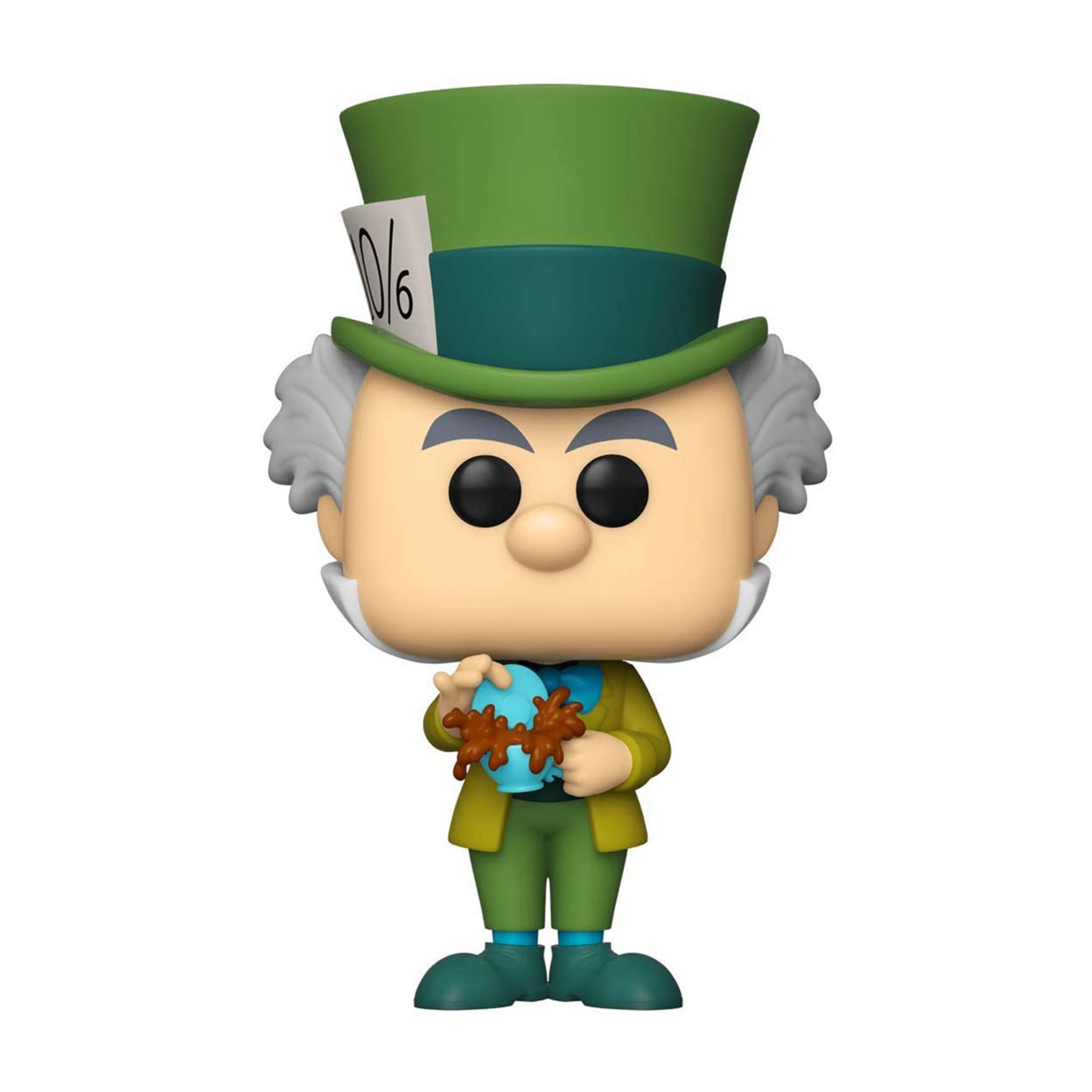 El Sombrerero Loco viste sombrero verde y chaqueta amarilla, sosteniendo una taza de té azul.
