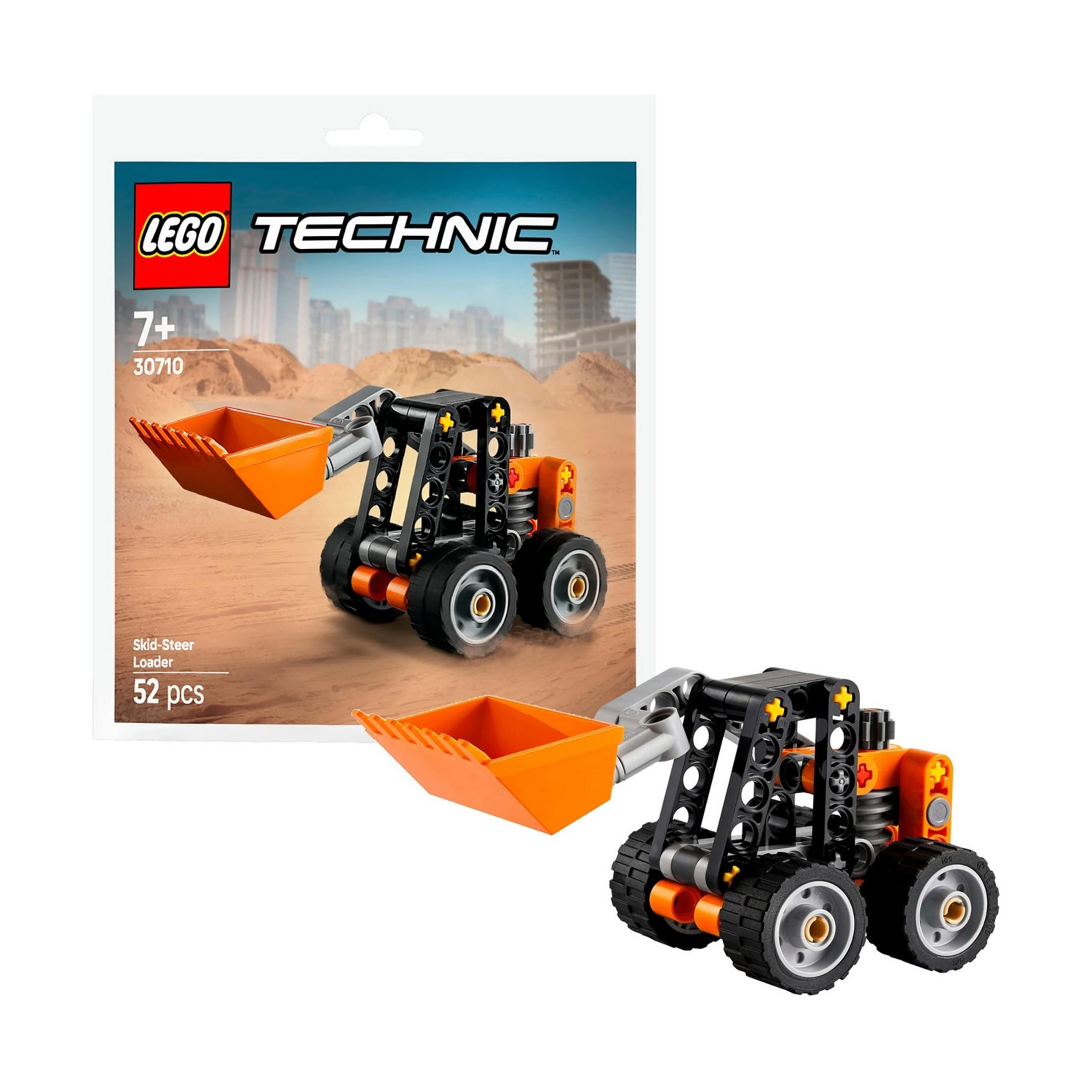 Pomarańczowa ładowarka Lego Technic z czarną ramą i kołami.
