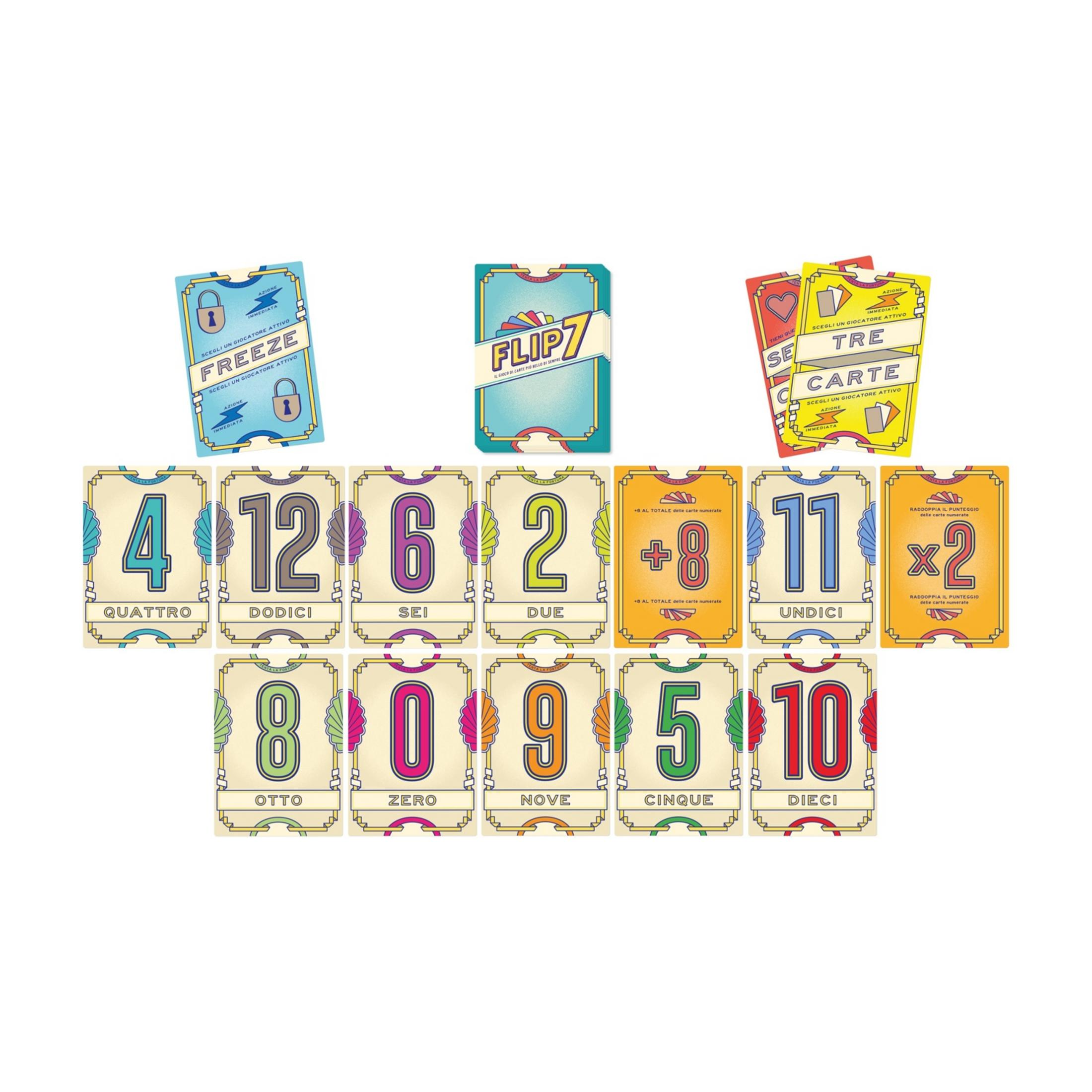 Carte da gioco: numeri 0-12, azione, Flip7. Design colorato.