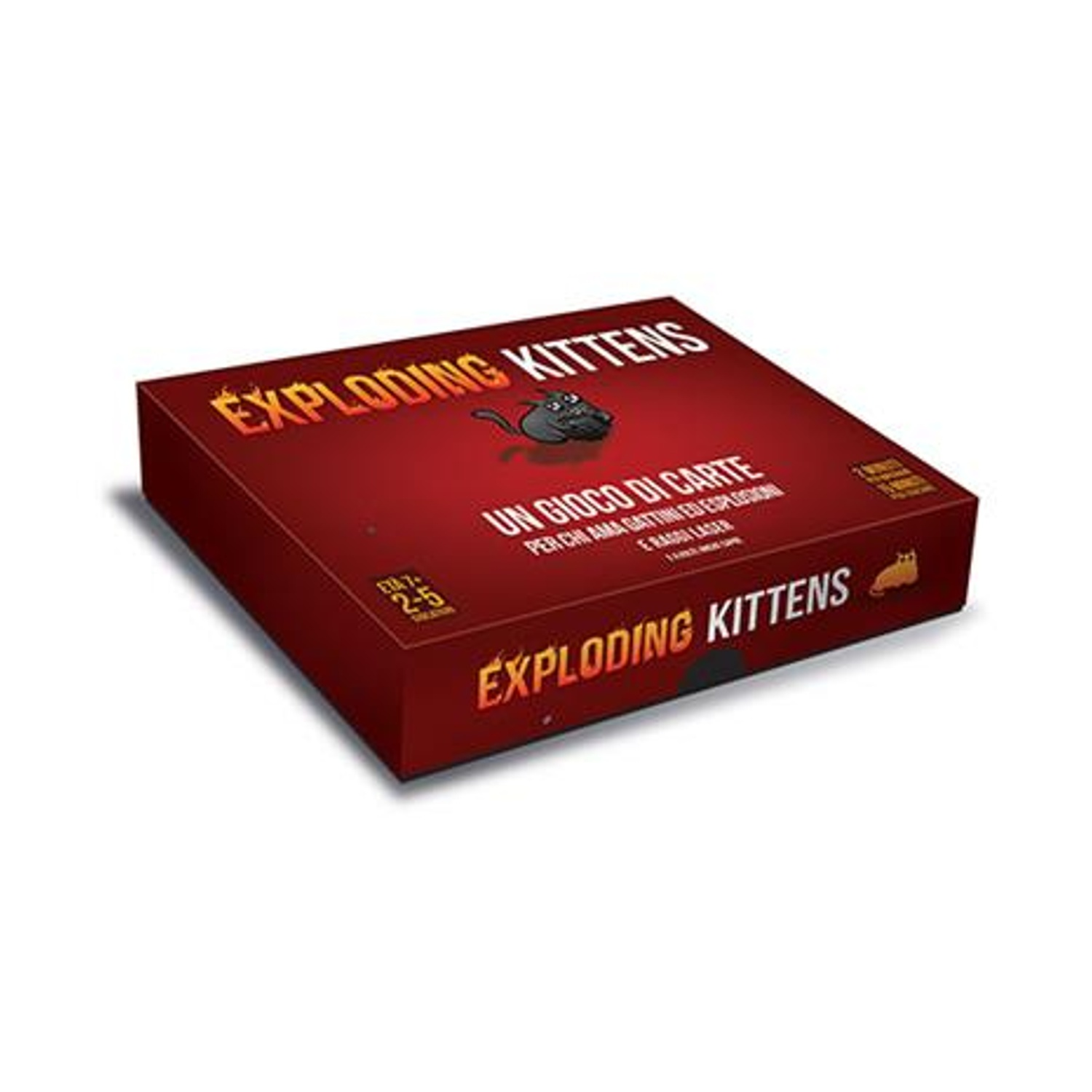 Scatola del gioco di carte Exploding Kittens con stampa rossa e illustrazione gatto.